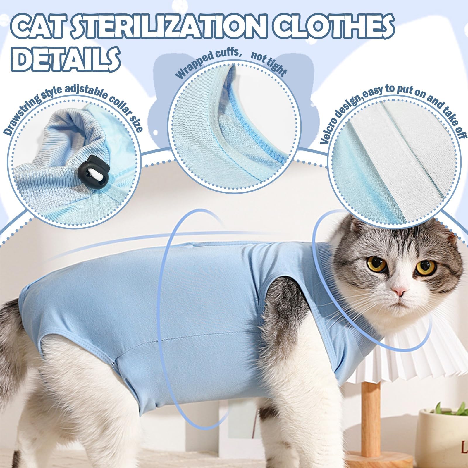 KAIYAYA 2-4kg Gilet de RéCupéRation de Chat, Body Chat Post Operatoire Femelle, Cat Professionnel Restauration Convient Body pour Abdominaux Collerette des Plaies ou Maladies (Bleu)