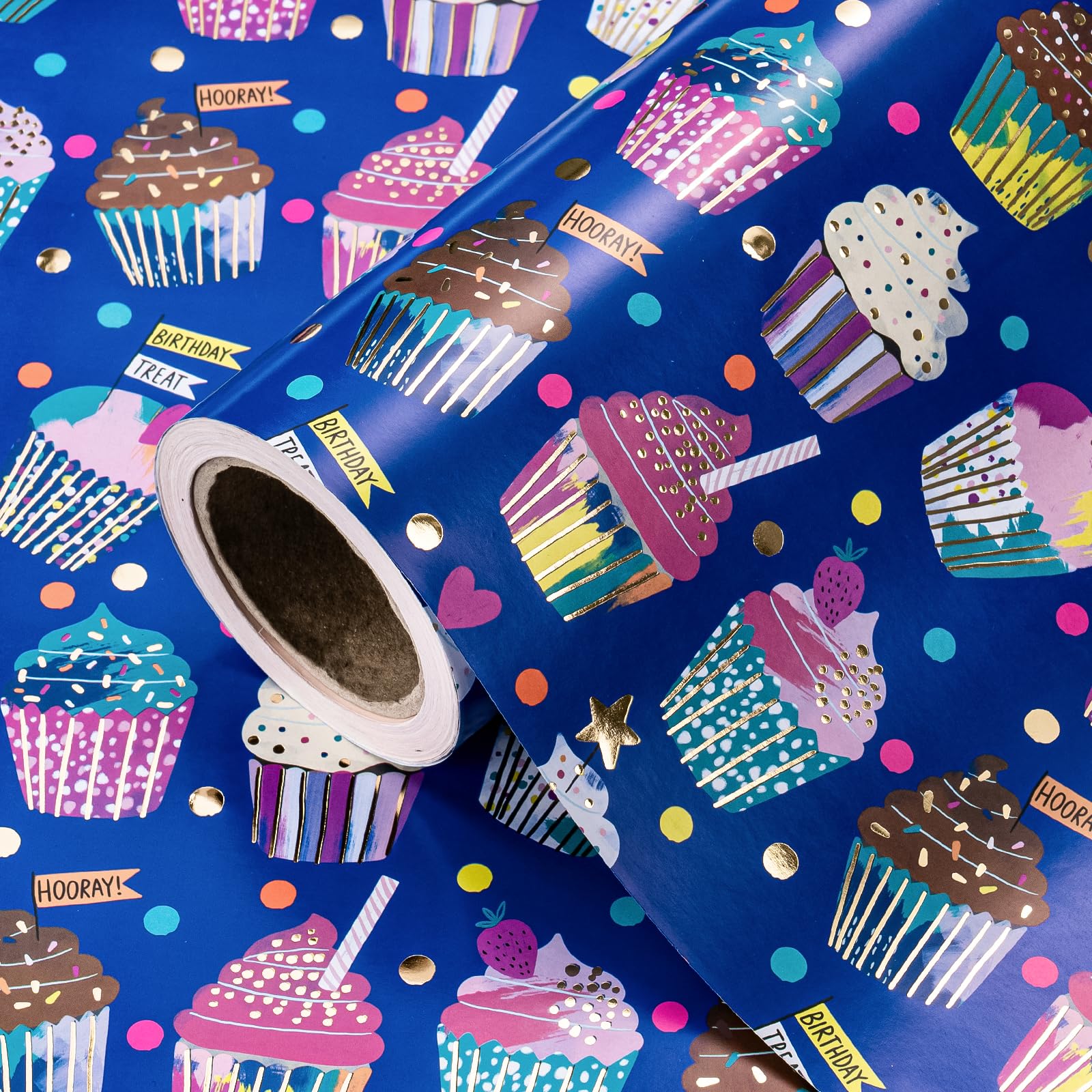 WRAPAHOLIC Cupcake Birthday Wrapping Paper Roll - Mini Roll - 17 Inch x 16.5 Feet - Colorful Cupcake Blue Wrapping Paper with Metallic Foil for Kids Boys Girls, Baby Shower, Cake Smash