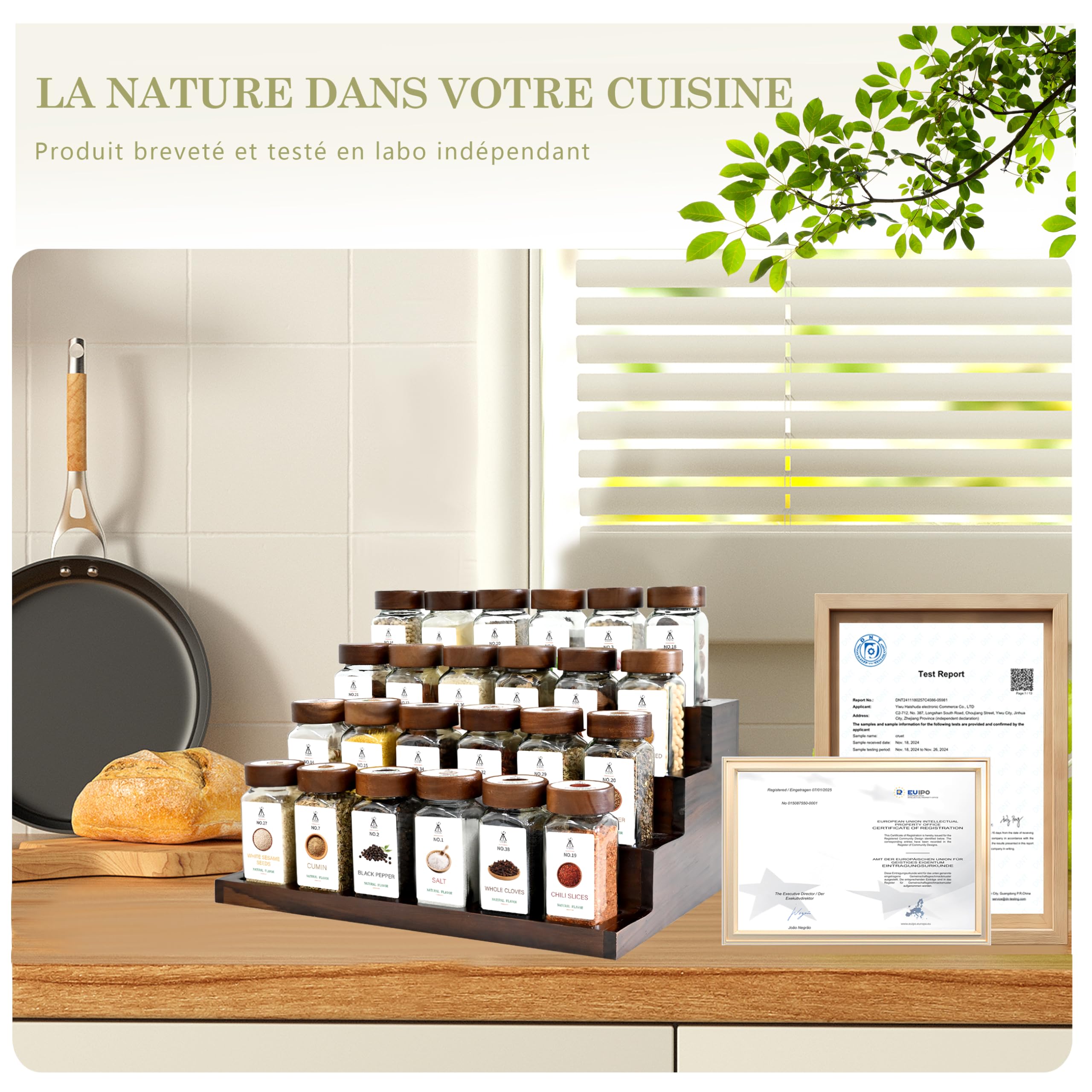 SAEIV 24 Pièces Pot à Épices Verre Couvercles Acacia, Bocaux Borosilicaté Sans BPA, Porte-Épices Hermétique, Étagère 4 Niveaux Acacia, Rangement Cuisine Gain de Place