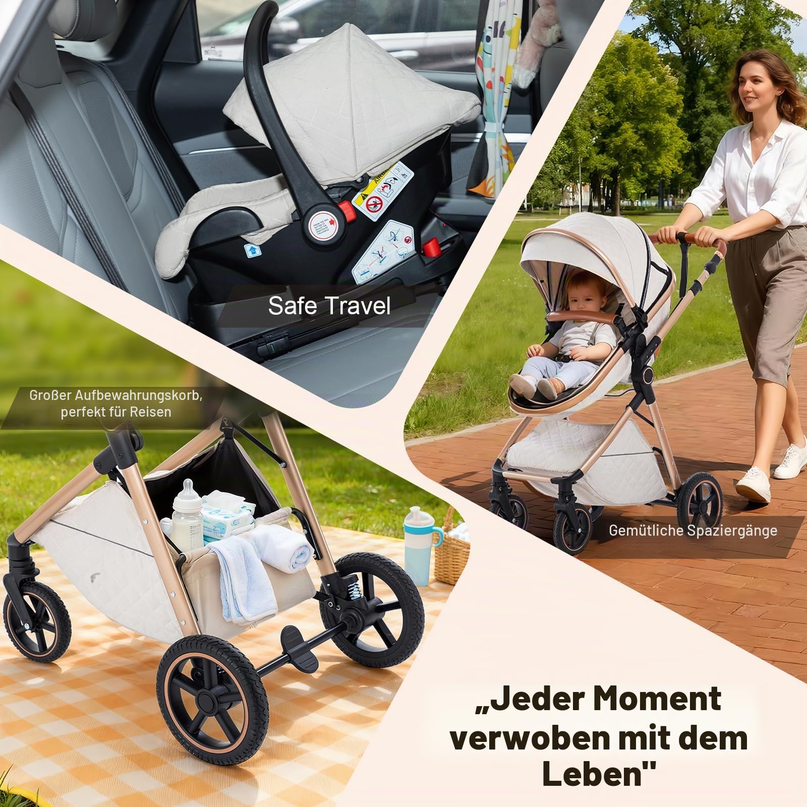Zkiprm 3-in-1 Kinderwagen Reisesystem mit Autositz | Faltbarer Kinderwagenset | Höhenverstellbarer Griff | inkl. Regenschutz, Fußsack, kühlende Einlage, Getränkehalter & mehr | für 0 bis 3