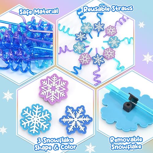 Miniatura 5 de Winrayk Recuerdos de fiesta de Frozen para niños, 24 popotes de copo de nieve, popotes reutilizables de plástico a granel y desmontables, para