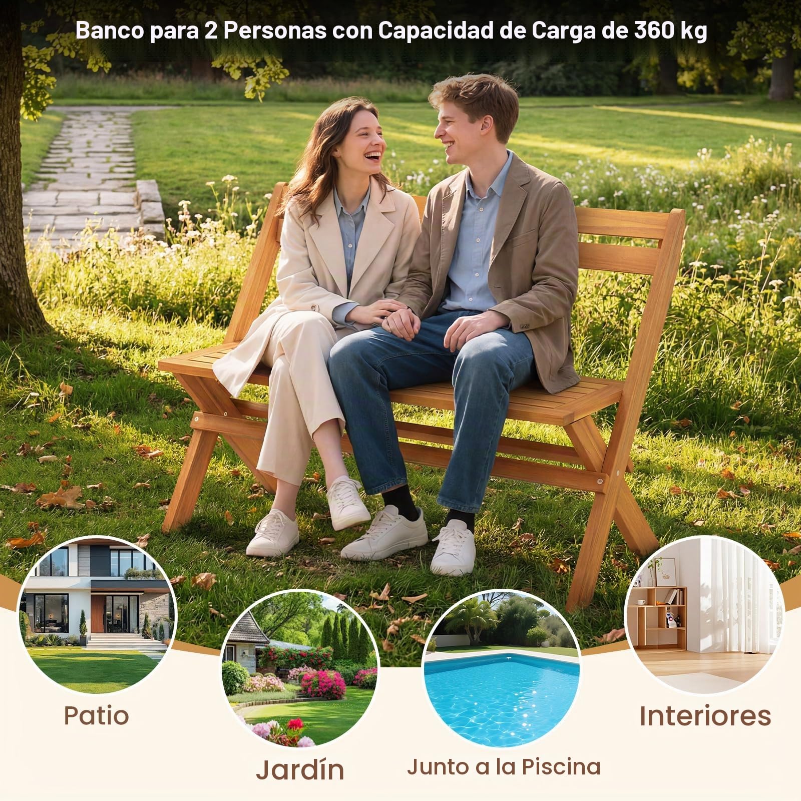 KOMFOTTEU Banco Plegable para 2 Personas, Madera de Acacia, Carga 360 kg | Asiento Exterior para Jardín, Porche, Balcón, Parque, 56 x 105 x 80 cm