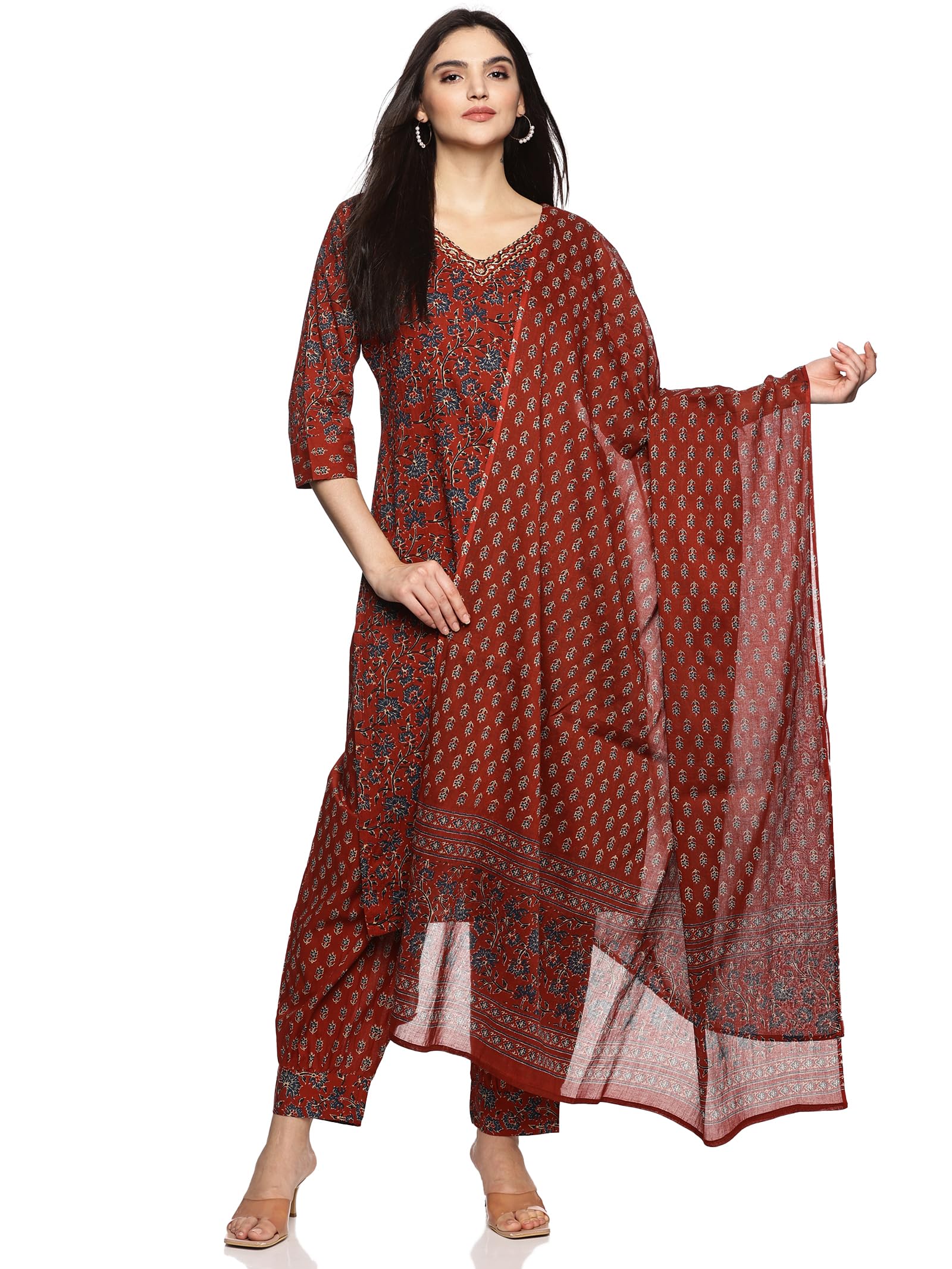 RAJMANDIRFABRICSWomen's Cotton Hand Work Floral Printed Straight Kurta Pant With Dupatta Set