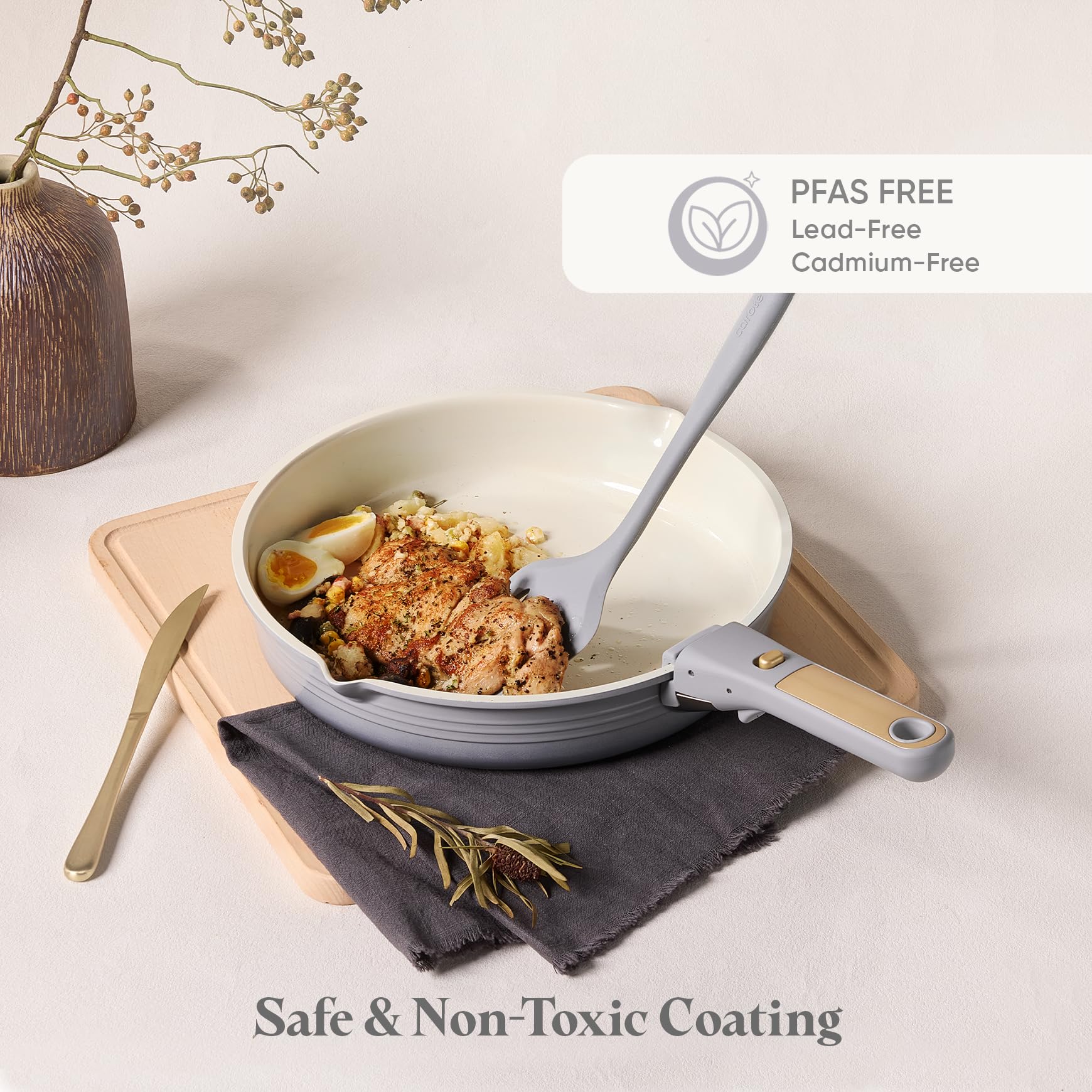CAROTE Batterie de cuisine 17 pièces en titane antiadhésive, avec poignée amovible, batterie de cuisine non toxique pour induction, passe au lave-vaisselle/four