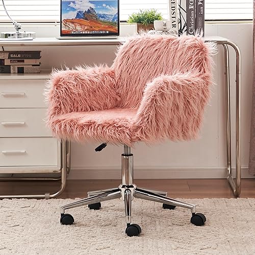 Miniatura 15 de Goujxcy Silla de escritorio esponjosa, silla de tocador de piel sintética, silla giratoria de oficina para niñas y mujeres, altura ajustable, lindas