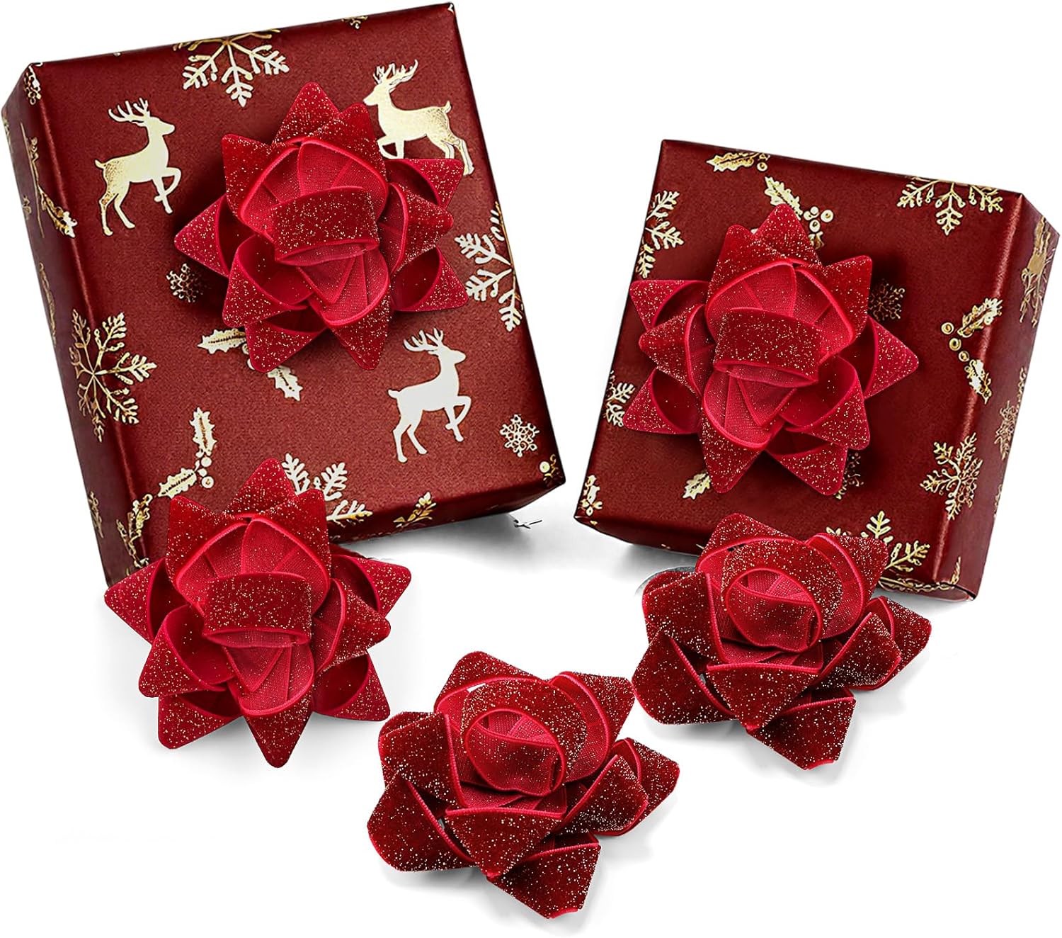 Knitgrip 24 Pcs Christmas Burgundy Red Velvet Gift Bow for Gift Wrapping 2.76'' Christmas Self Adhesive Glitter Ribbon Bows Stick on Flocked for Xmas Present Wrapping Decor Wreaths Tree