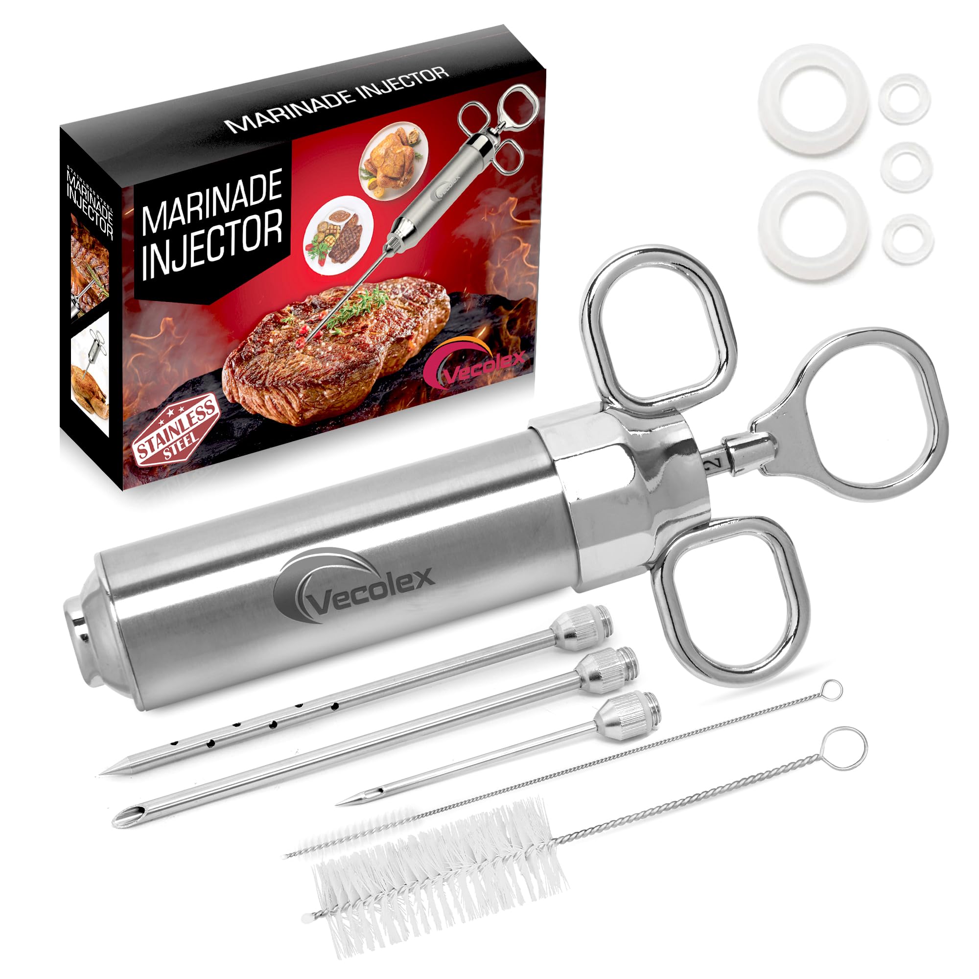 304 stainless steel meat injector syringe-2 oz meat injectors for smoking with 3 needles 3 brushes-spare o rings-food injector for bbqturkey amp brisket stainless steel