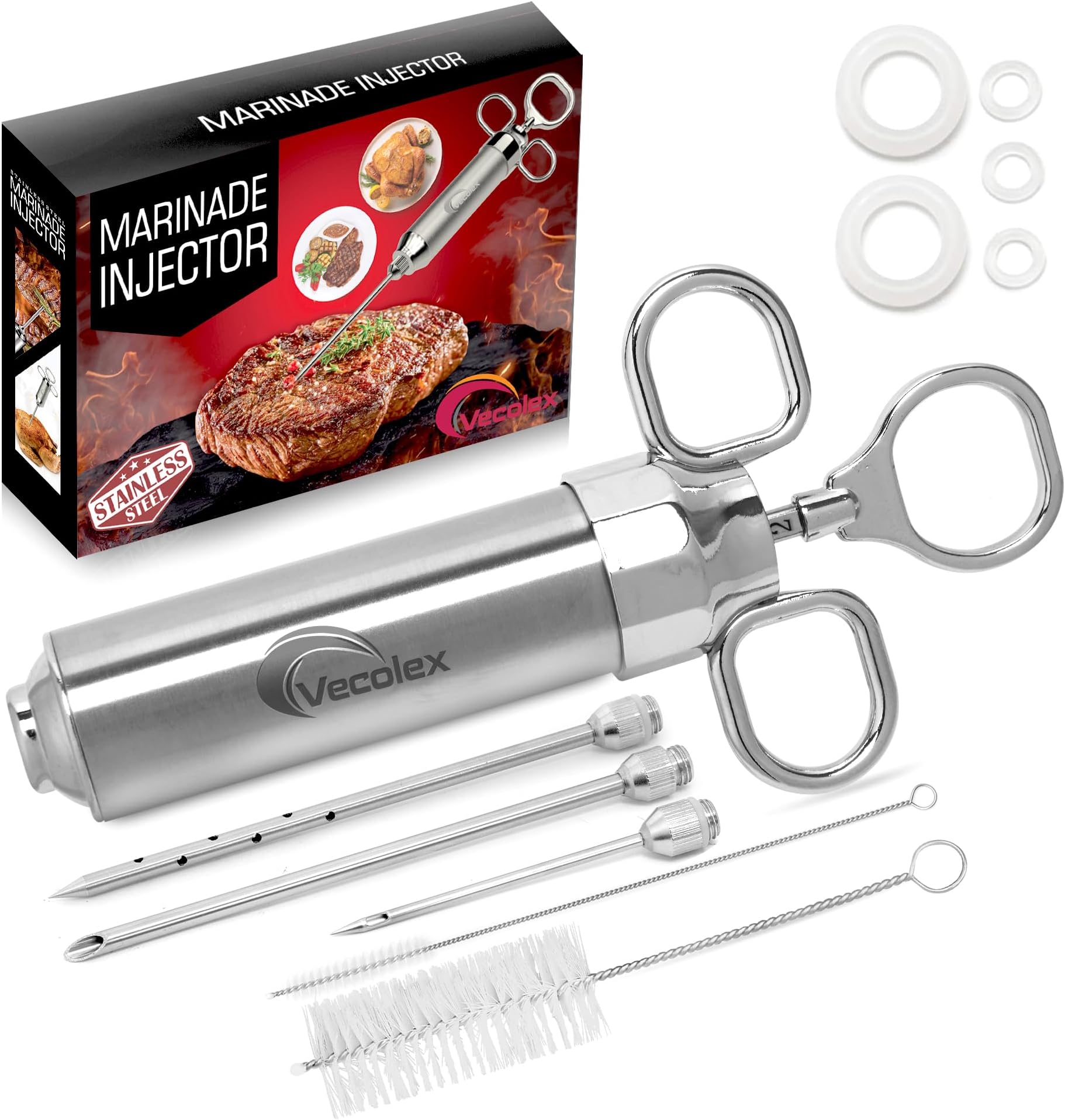 304 Stainless Steel Meat Injector Syringe-2 Oz Turkey Injector for Smoking with 3 Needles 3 Brushes-Spare O Rings-Food Injector for BBQ,Turkey & Brisket (Stainless Steel)
