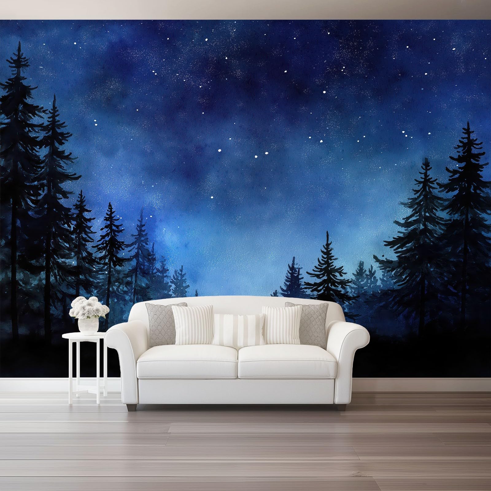 Tapeta Retro Obraz Olejny Głębokie Niebieskie Niebo 400 x 280 cm, Plakat Fototapeta Dekoracja Ścienna Salon Sypialnia Pokój Dziecięcy Czarne Drzewa