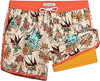 MaaMgic Men's 5.5" Vintage 80s 90s Swim Trunks - Quick Dry 2-in-1 Board Shorts with Compression Liner