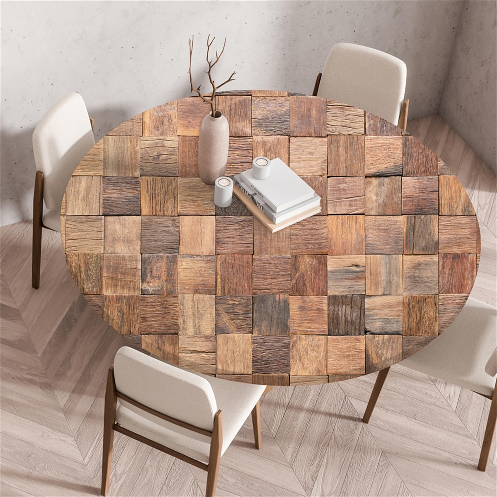 Treer Tablecloth Protector Wipeable Round Table Cloth, 3D Wood Grain Texture Round Elastic Edged Fitted Backed Table Cover Washable for Dinning Room Kitchen Picnic Party (Brown,60cm)