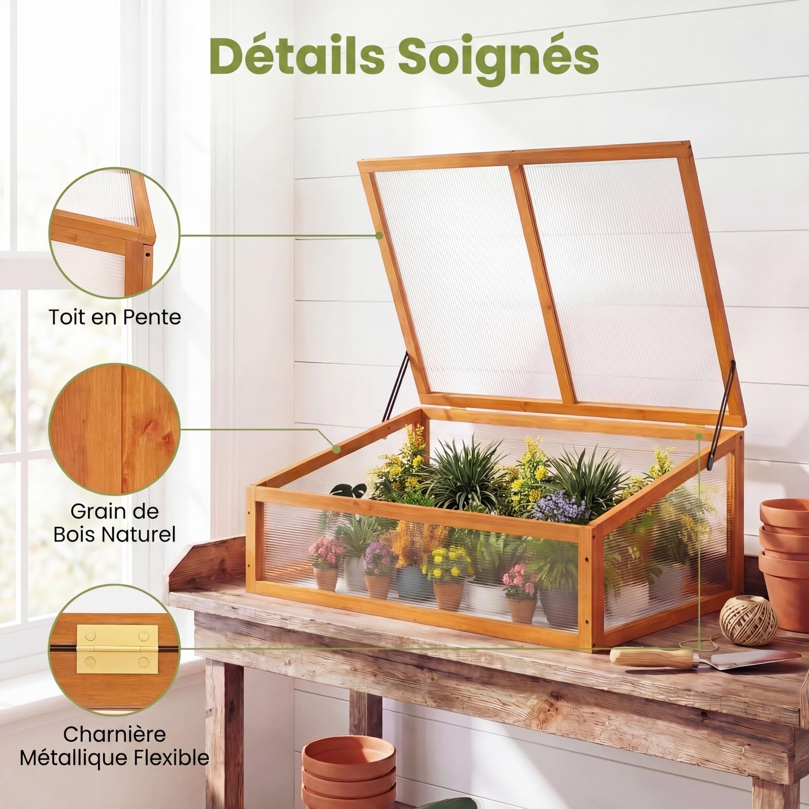 GYMAX Frühbeet Holz, Frühbeetaufsatz mit klappbares Dach, Fruhbeet Gewachshaus, Frühbeetkasten Aufsatz, Pflanzkasten für Balkon & Terrasse, 94 x 63 x 40 cm (Orange)