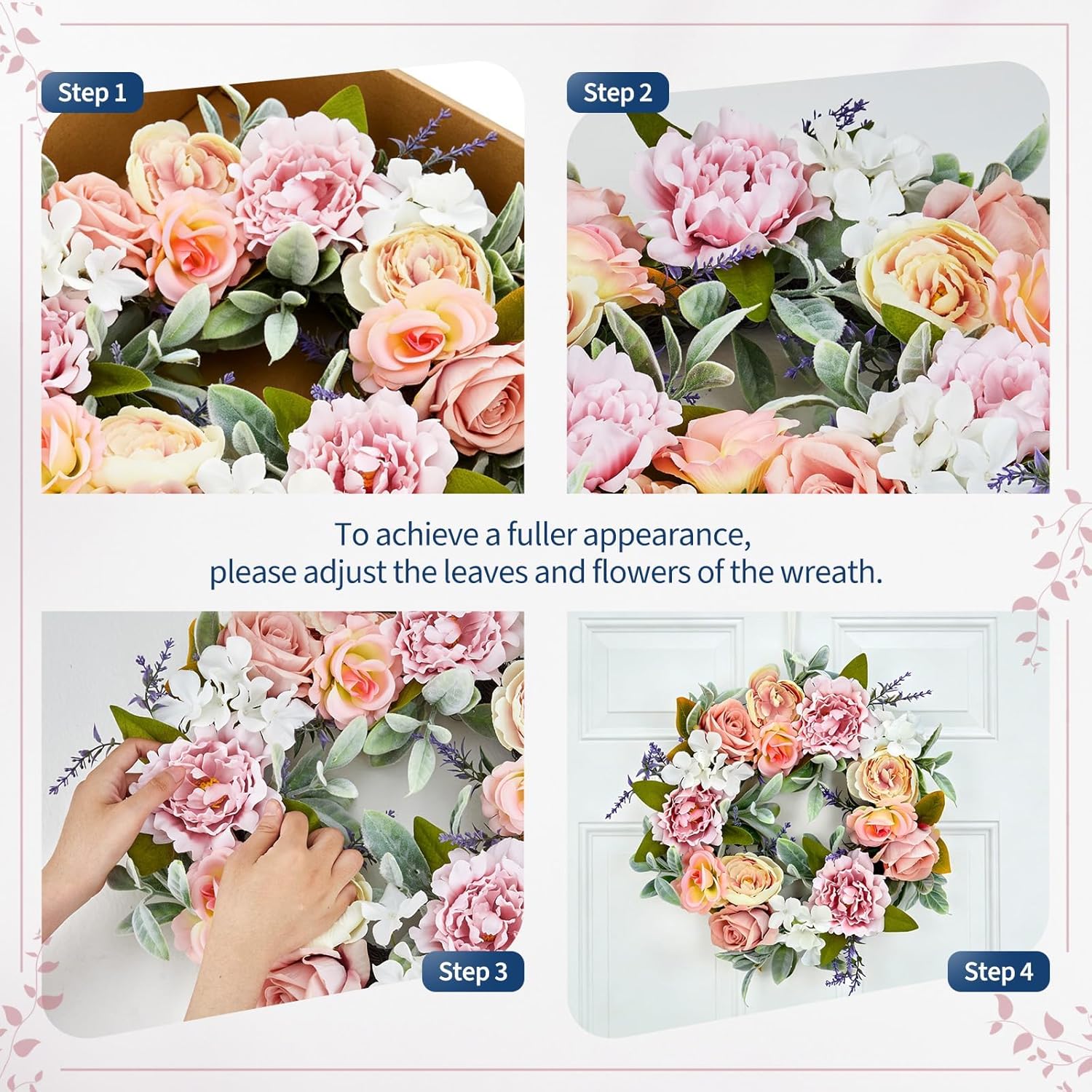 Garvee 20" Spring Wreath for Front Door, Artificial Pink Peony & Lavender Floral Wreath with Roses, Hydrangeas, and Rabbit Ear Leaves for Door, Wall, Wedding, and Farmhouse Home Decor
