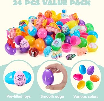 JJOYIN 24 Pcs Prefilled Easter Eggs with Assorted Toys, Filled with Easter Toys, Easter Basket Stuffers for Kids, Easter Egg Hunt , Classroom Prize Supplies