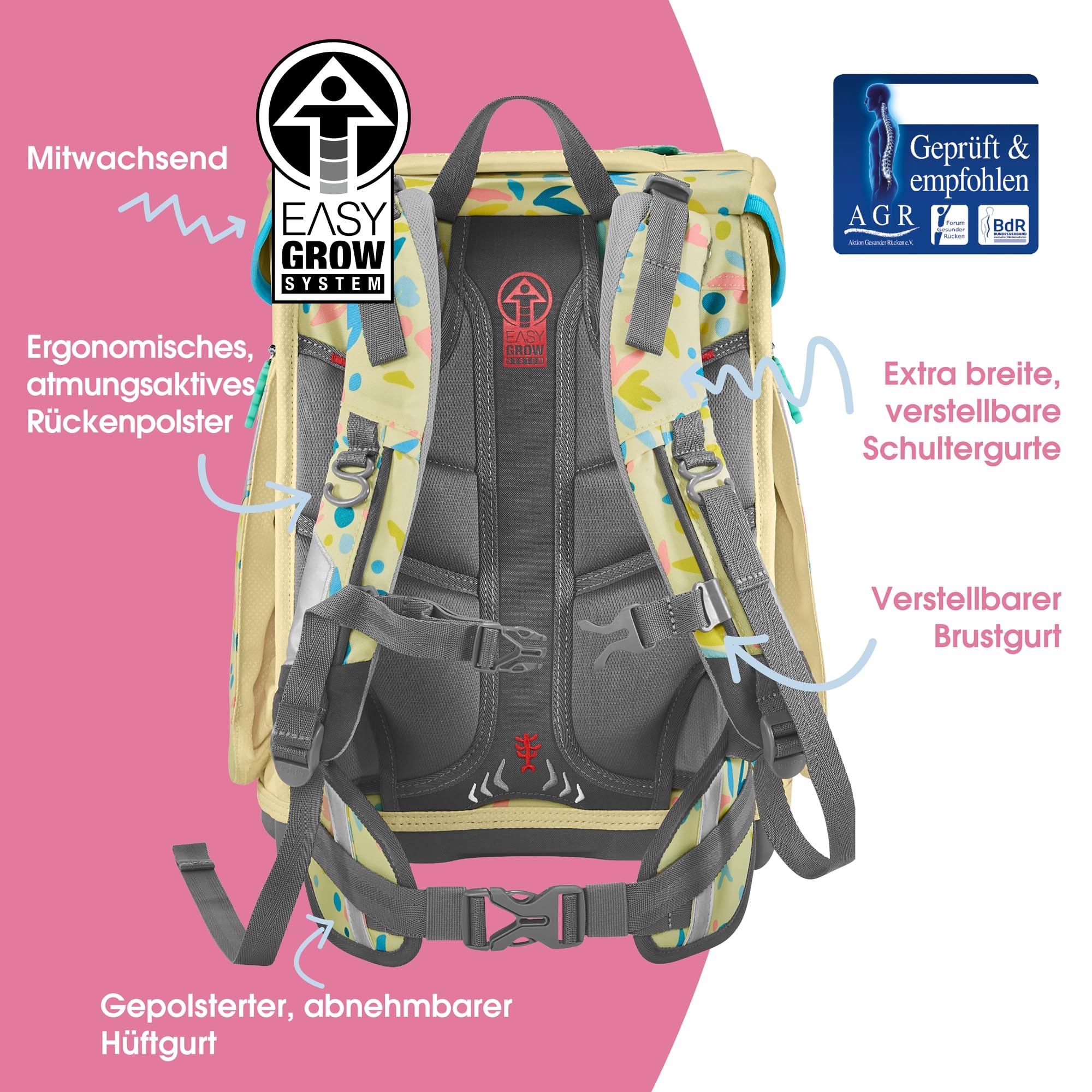 Step by Step Schulranzen-Set Space „Cat Lilly“ 5-teilig, gelb, Katzen-Design, ergonomischer Tornister mit Reflektoren, höhenverstellbar mit Hüftgurt für Mädchen ab der 1. Klasse, 20L