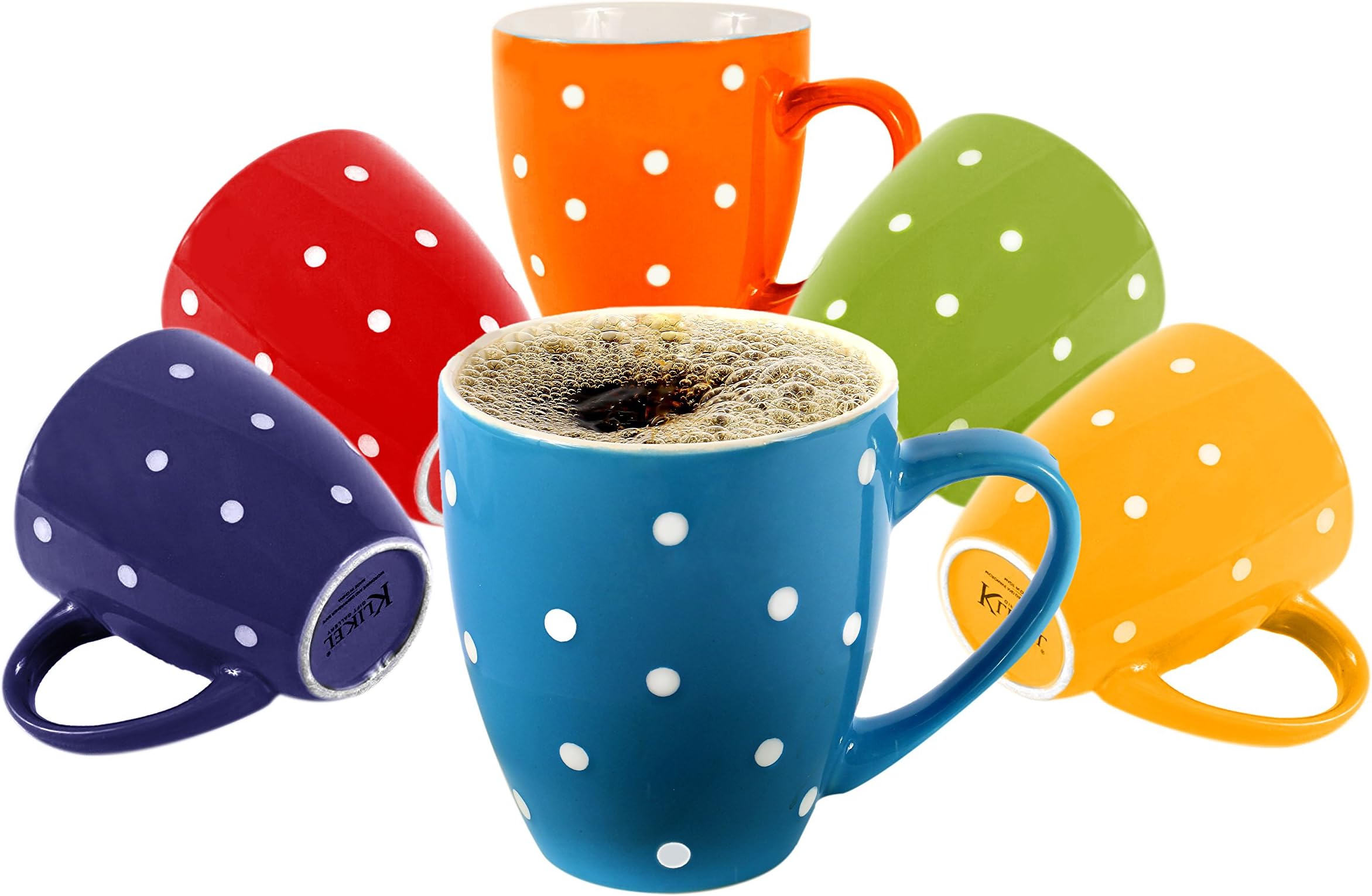 Klikel 6 Polka Dot Coffee Mugs Set - 16oz Flat Bottom Porcelain Dinnerware - Bright Polka Dot Colors