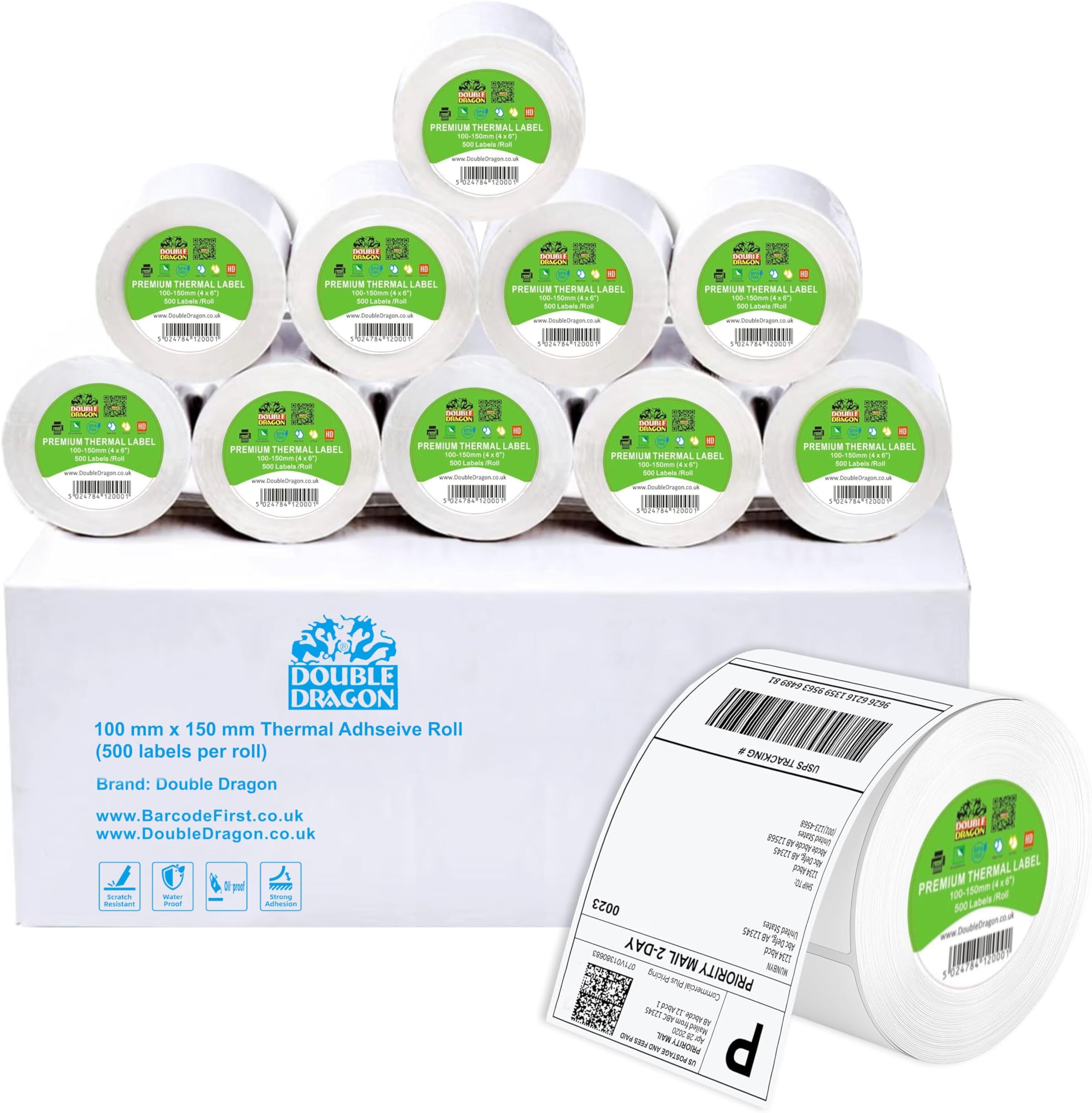 10 Rolls, 5,000 Premium Coated Direct Thermal Label, 100mm x 150mm (4" x 6"), Self-Adhesive, for Zebra, MUNBYN, Rollo, TSC, Toshiba, Citizen, Direct Thermal Label Printer, LP2844, GK420D, ZD420,ZP450