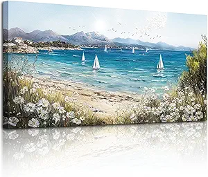 SERIMINO Coastal Landscape Large Wall Art, Beach Daisy Canvas Art Prints, Bay Sailboat Artwork for Walls, Nature Ocean Scenery Paintings Wall Decor Living Room Bedroom, Rustic Home Decor 20"X40"