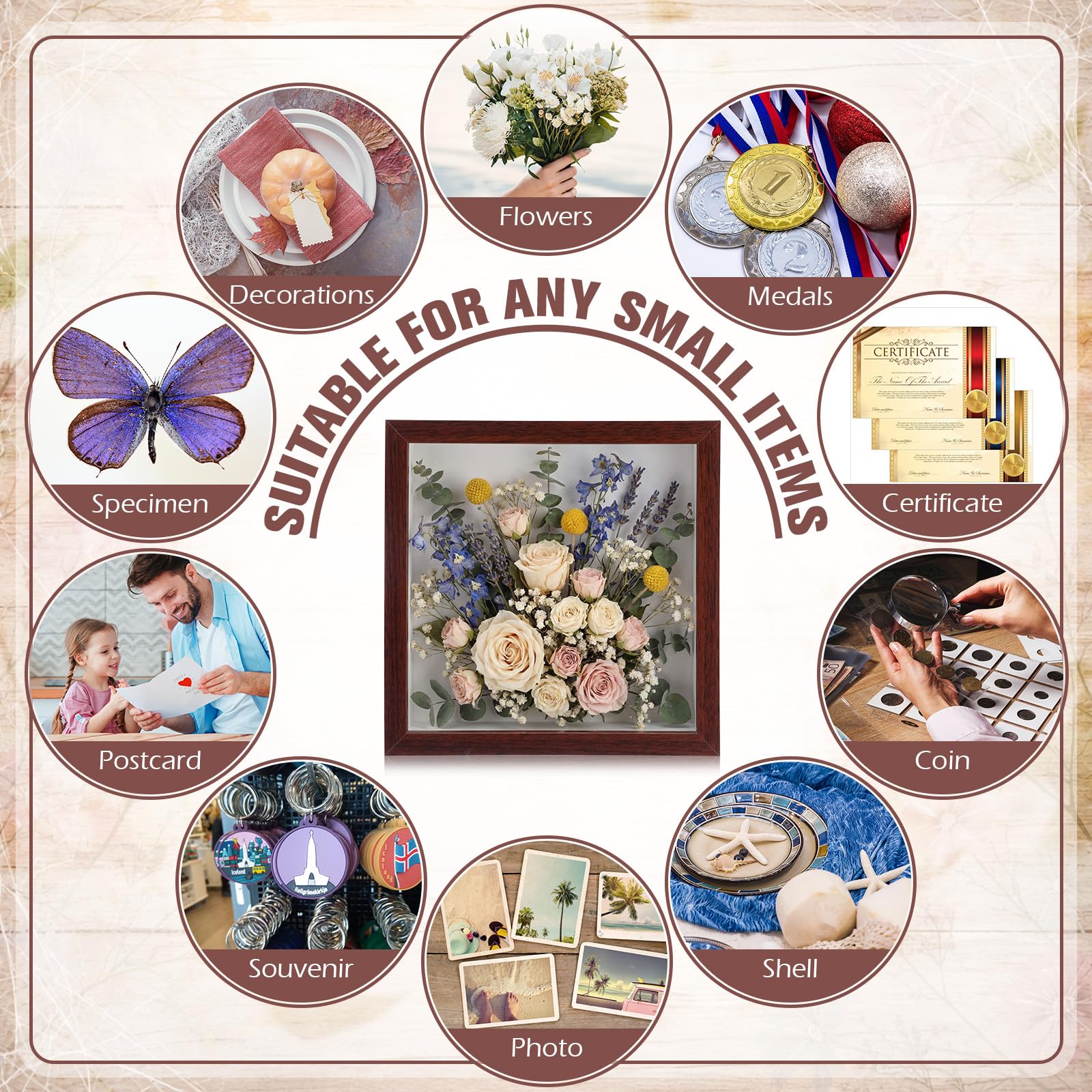 Ripeng Lot de 16 cadres photo pour bouquet de mariage, loisirs créatifs, ticket, Saint-Valentin, Pâques, médaille, bricolage mural ou cadeau de table (25,4 x 25,4 cm, noyer)