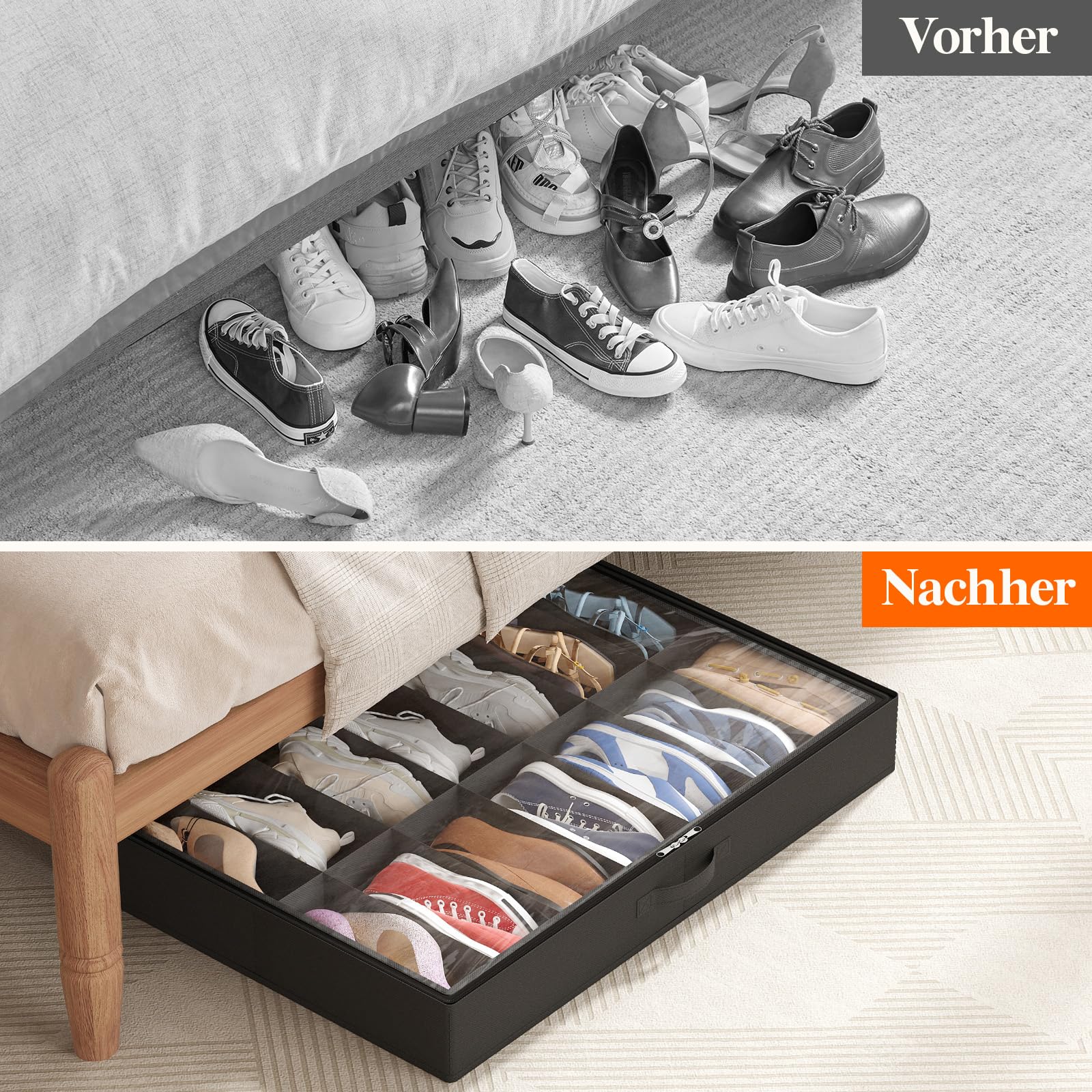 Lifewit Unterbett-Schuh-Organizer, 2 Stück (14 Paar), 10,9 cm hoch, Stoff-Schuhbehälter, faltbare Schrank-Schuhtasche mit 2 verstärkten Griffen und transparenter Abdeckung, Schwarz