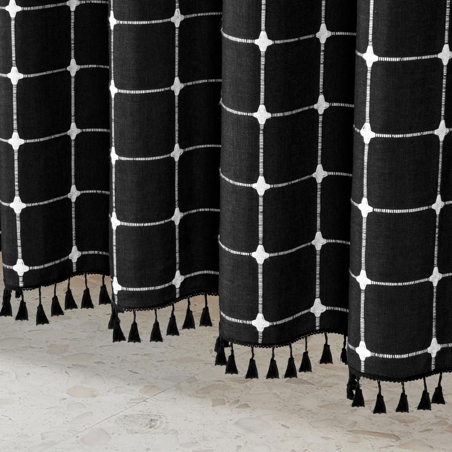 MitoVilla Black Boho Shower Curtain Sets with Rugs, Modern Farmhouse Bathroom Sets with Shower Curtain and Rugs and Accessories, Bath Curtain 72" W x 72" L, Area Rug 2 ft x 3 ft