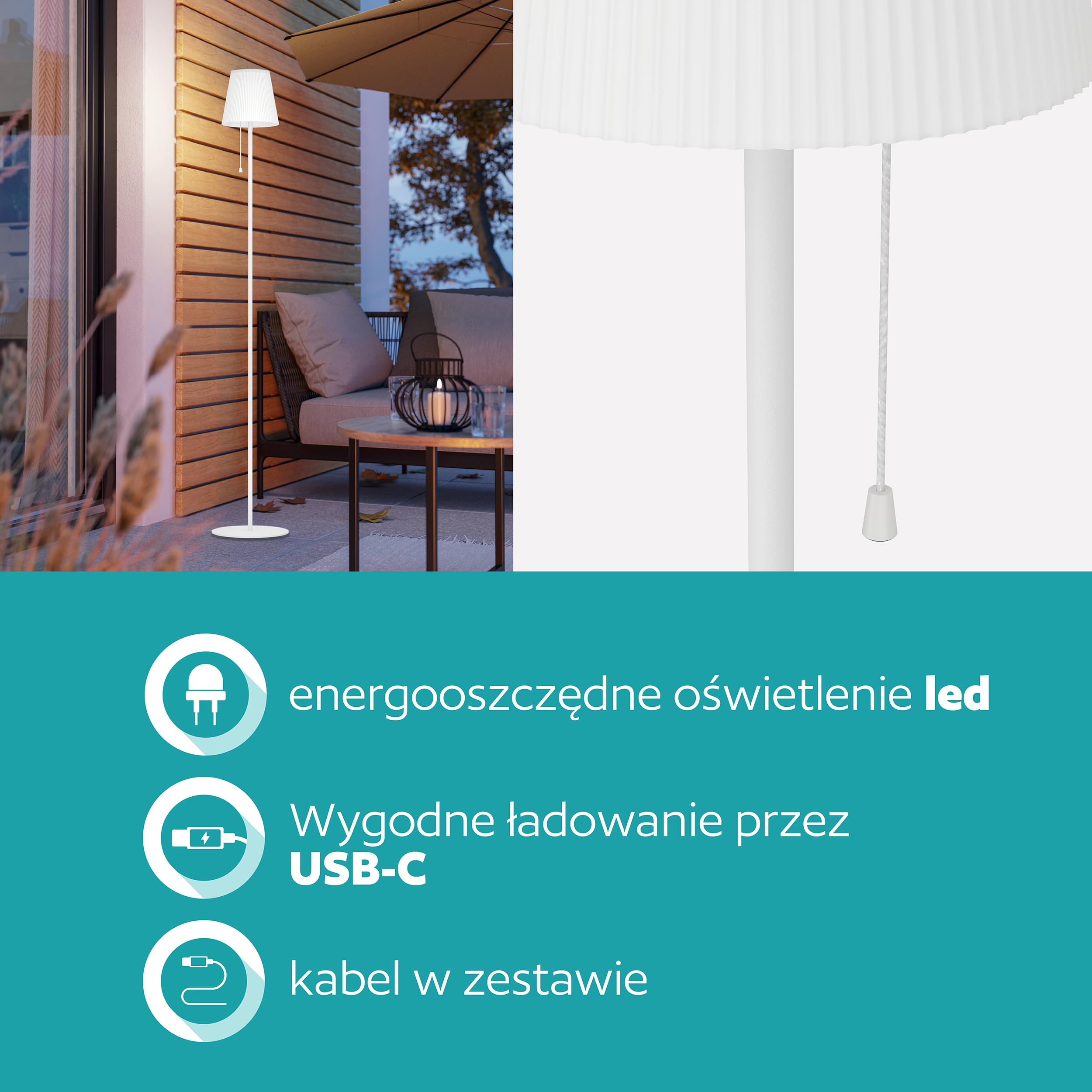 EGLO Scordiano Solarna lampa stojąca na baterie, z przełącznikiem linkowym | bezprzewodowa, do użytku wewnątrz i zewnątrz, stal tworzywo sztuczne w kolorze białym, ciepła biel-zimna biel, IP44