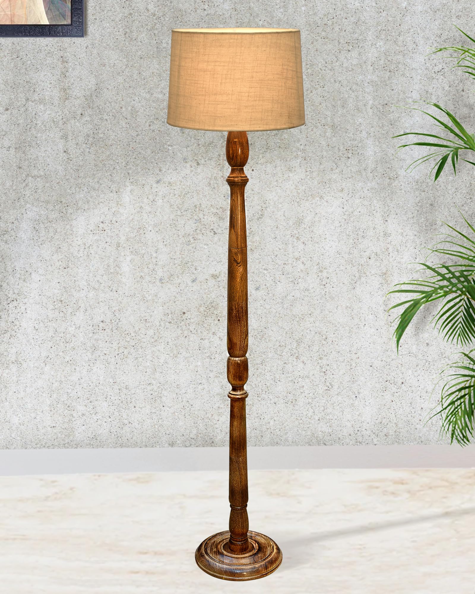 Homesake® Rustic Wood Floor Lamp in Walnut Brown, Multicolor Fabric Lamp Shade | Light Decoration for Home Corner, Living Room & Bedroom Bedside, Antique Floor Light, Hurricane, (Off-White)-picture-14