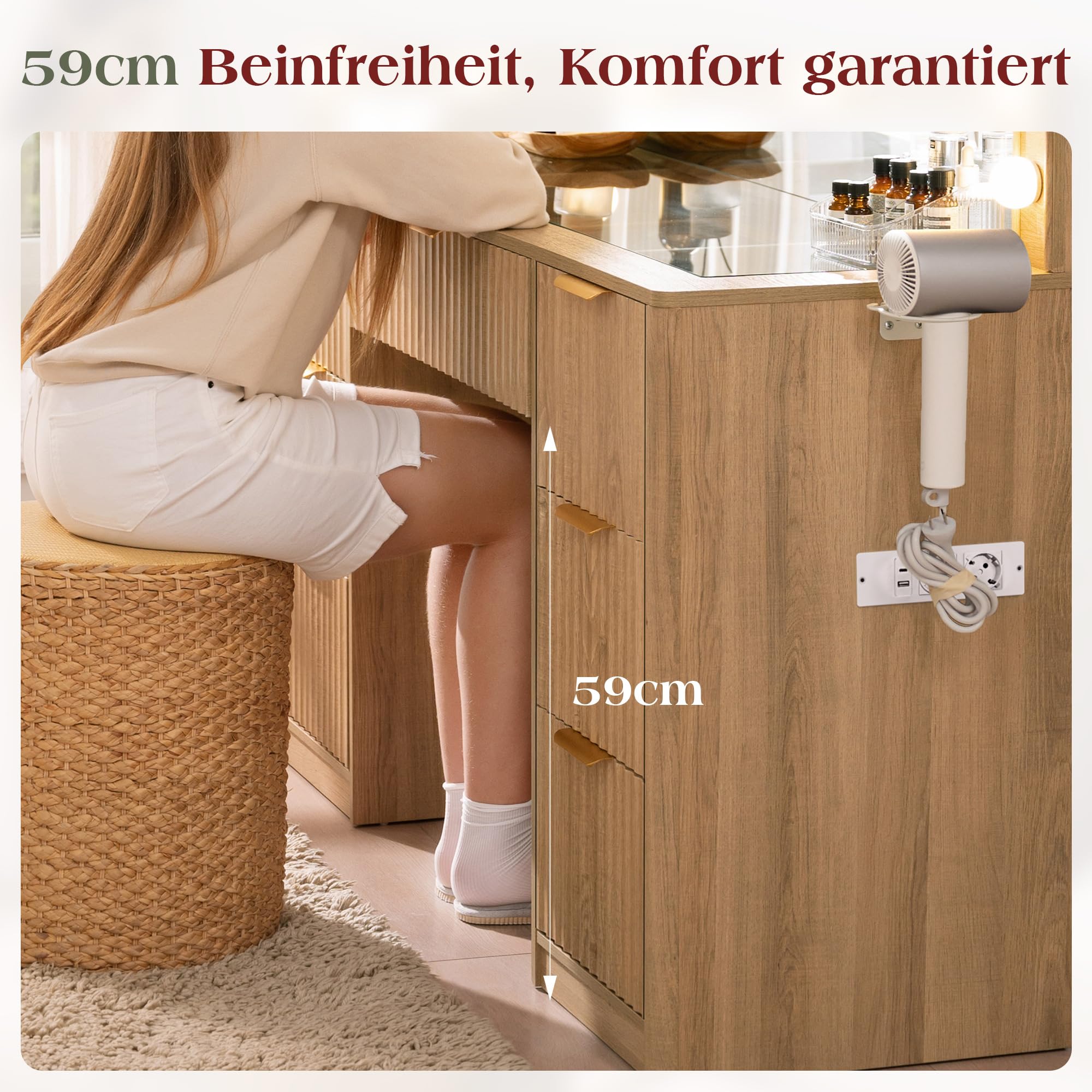 LUXOAK Schminktisch mit Spiegel & 10 LED-Lampen, Großer Frisiertisch mit Glasplatte & Steckdose, 7 Schubladen & Föhnhalterung, Moderner Kosmetiktisch für Schlafzimmer, Eiche