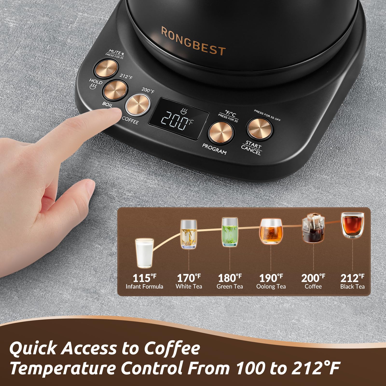 Hervidor eléctrico de cuello de cisne, 1200 W, 6 ajustes de temperatura, tapa interior e inferior de acero inoxidable, 1 litro de calentamiento rápido para café y té, negro mate 3