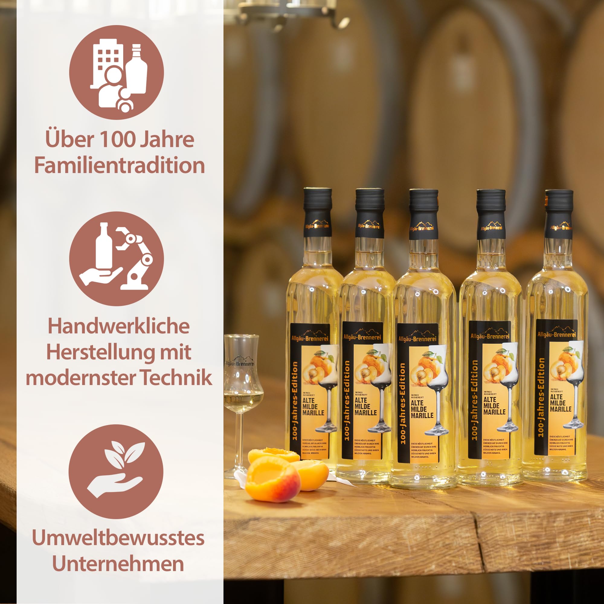 Allgäu-Brennerei Alte Milde Marille Schnaps im Fass gereift 6x0,5L Vorteilsset - Handgemacht & Regional, Milder und Fruchtiger Marillenschnaps, Alte milde Marille, Allgäu-Brennerei Spezialität