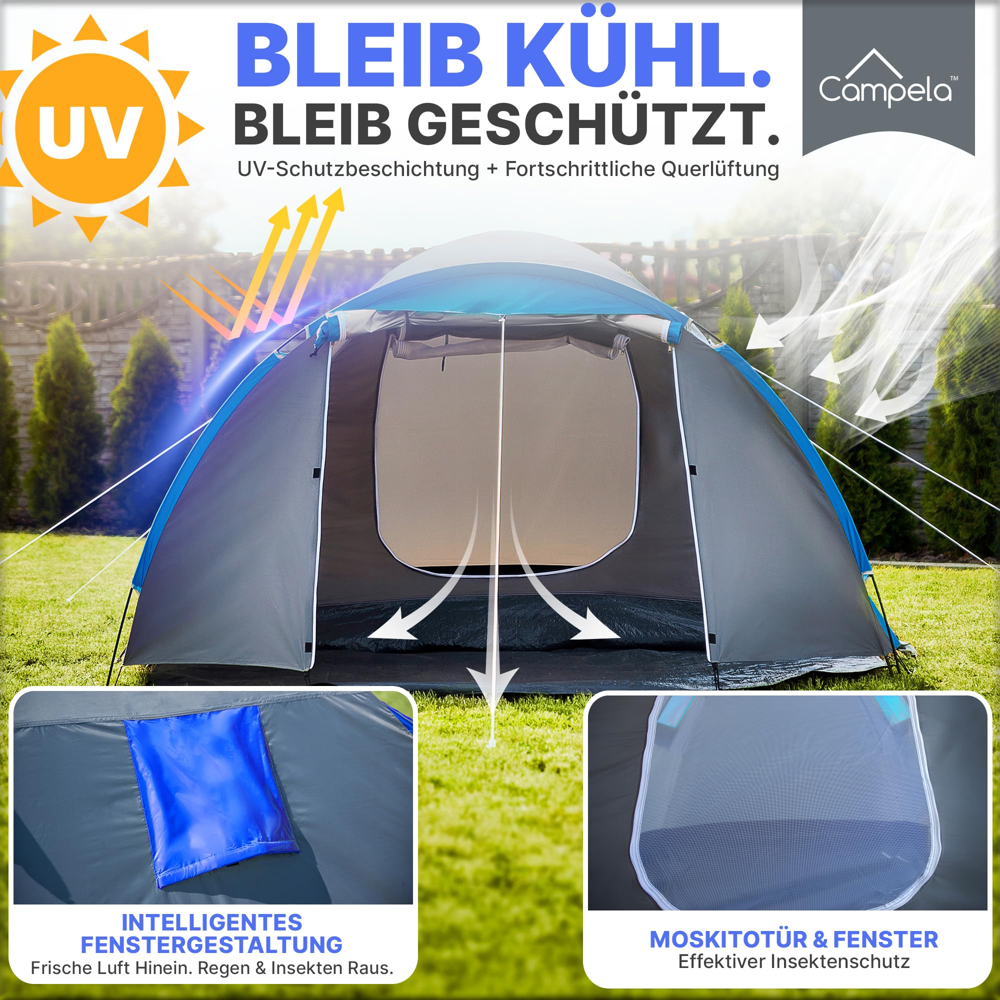 Touristenzelt, Familienzelt, Tropical, für 3-4 Personen, wasserdicht 3000m, geklebte Nähte, CA0013