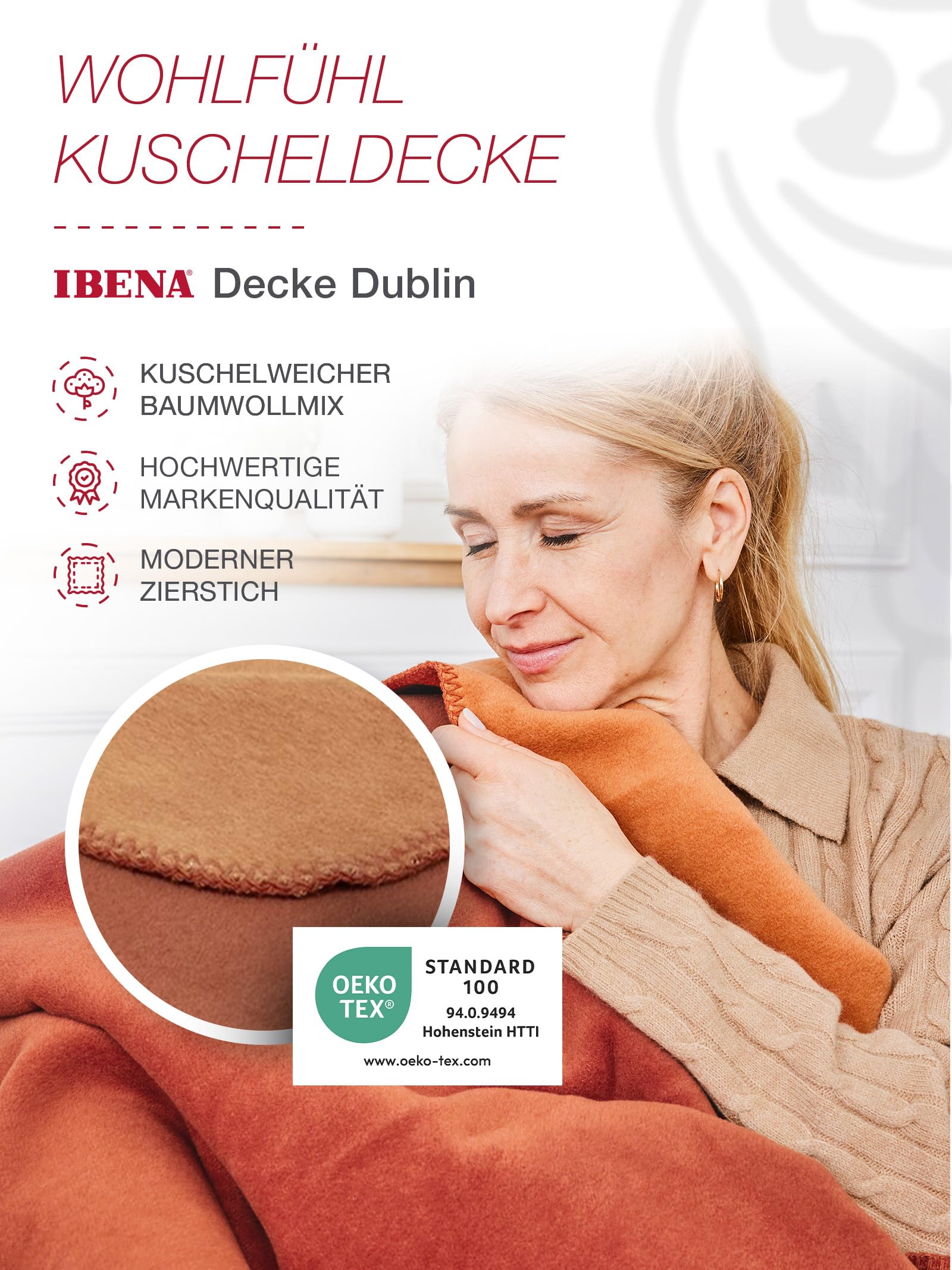 Ibena Dublin Decke 150x200 cm - Baumwollmix kuschelig, warm & waschbar, Wendedecke Terracotta orange