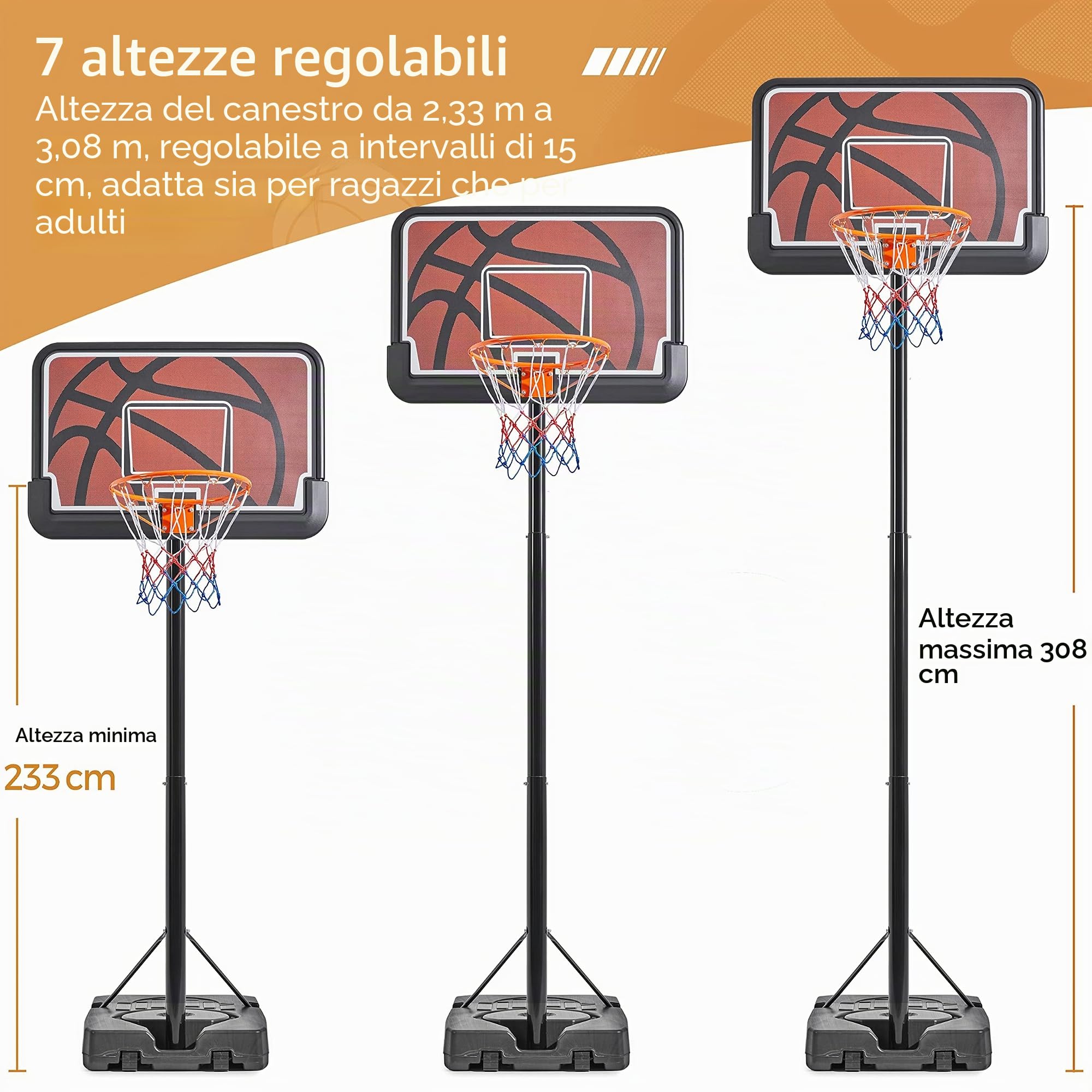 Yaheetech Canestro da Basket con Tabellone Cerchio Regolabile 233-308 cm da Interno/Esterno in HDPE e Metallo con Ruote Nero/Arancione