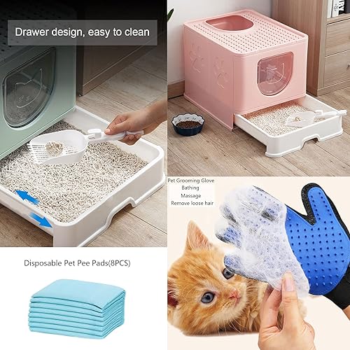 Miniatura 2 de kathson Caja de arena grande plegable para gatos con tapa, orinal cerrado para gatos con cajón de entrada superior, suministros de inodoro para