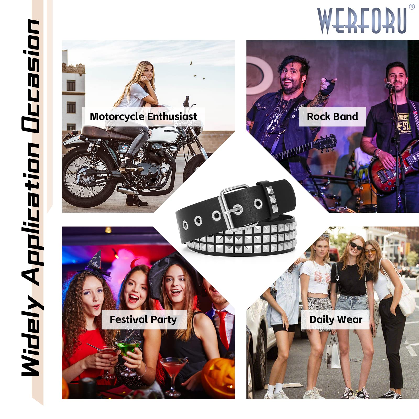 WERFORU Double Grommet Belt PU Leather Punk Belt for Women Men Jeans 2 Hole Belts 1.5 Wide