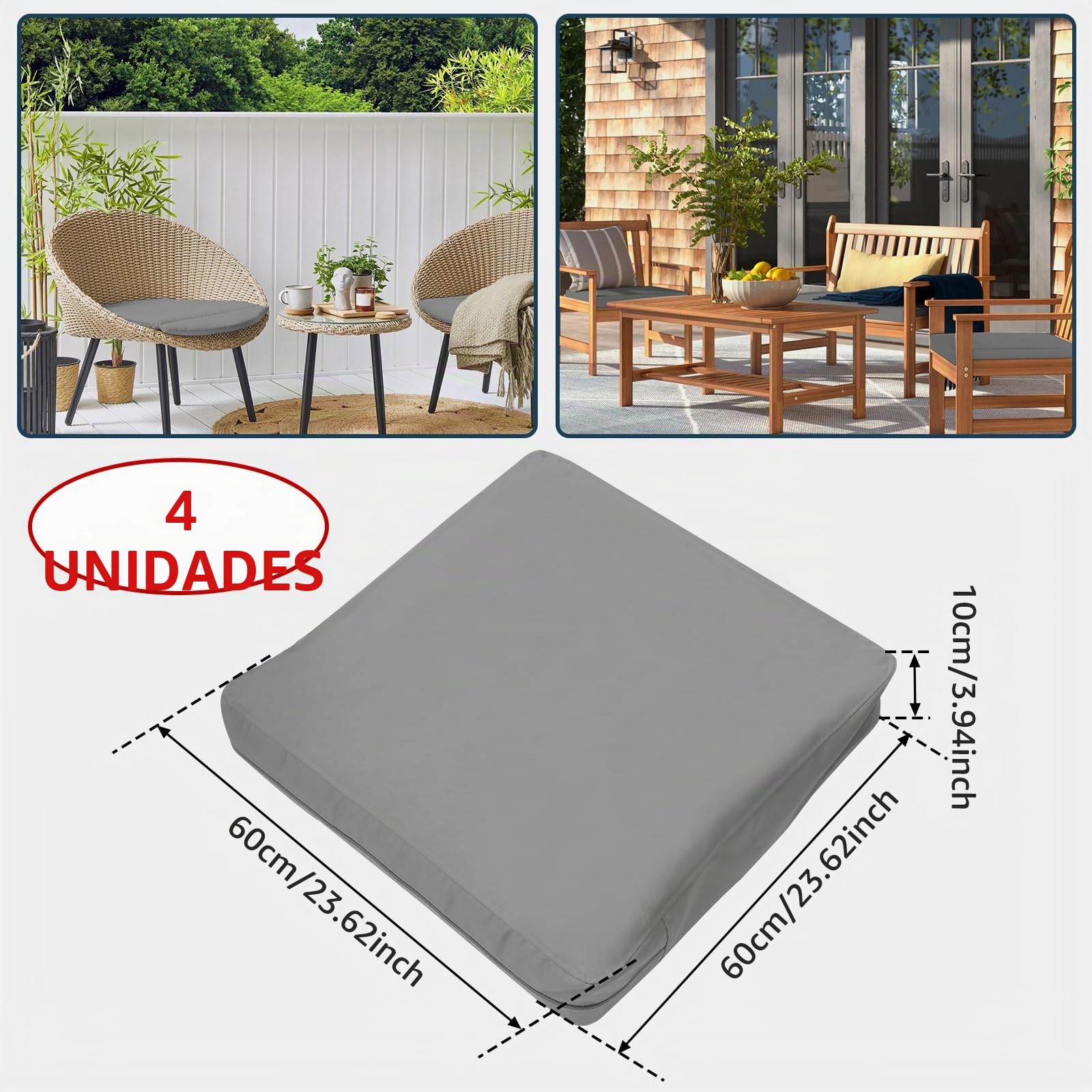 4 fundas de repuesto para cojines de asiento de jardín de 60 x 60 x 10 cm, impermeables, minimalistas, con cierre de cremallera, solo funda (gris)
