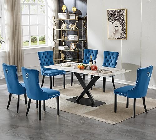 Miniatura 20 de Juego de mesa de comedor de mármol blanco para 6, 70 pulgadas, mesa de comedor de mármol blanco con 6 sillas de terciopelo beige y base de acero al