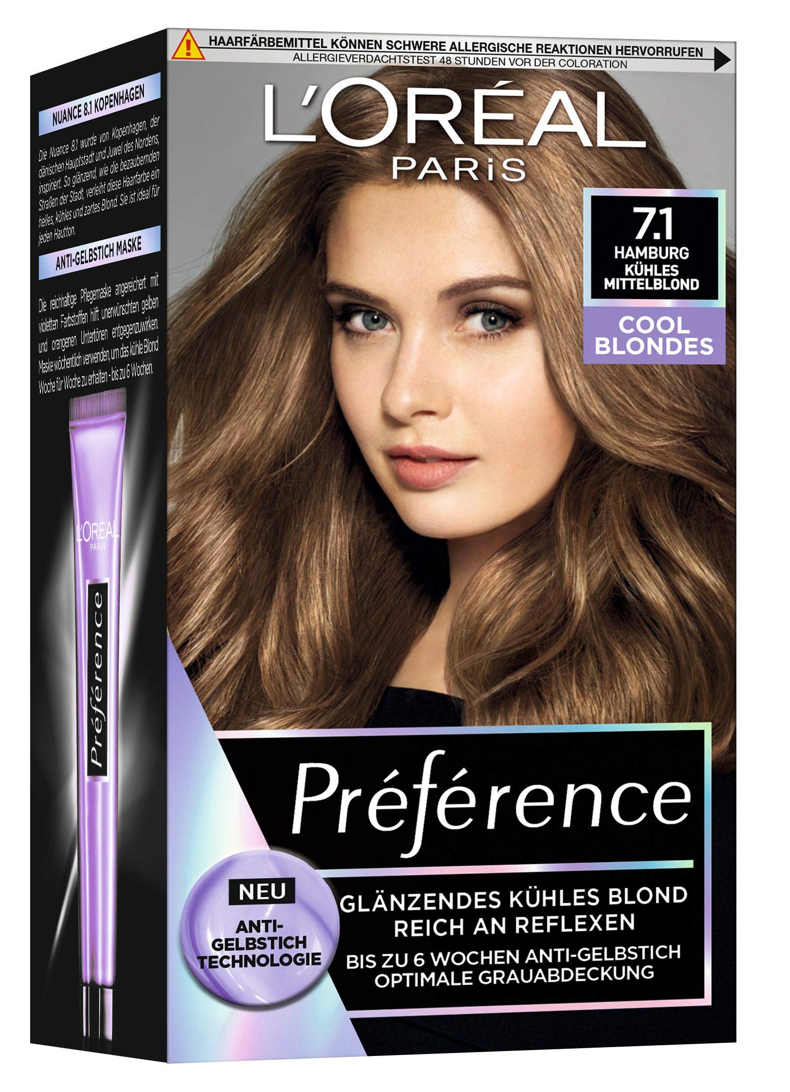 L'Oréal Paris Permanente Haarfarbe mit kühlem Farbergebnis, Haarfärbeset mit Coloration und Anti Gelbstich Pflegebalsam, Préférence Cool Blondes, Nr. 7.1 Kühles Mittelblond (Hamburg), 1 Stück