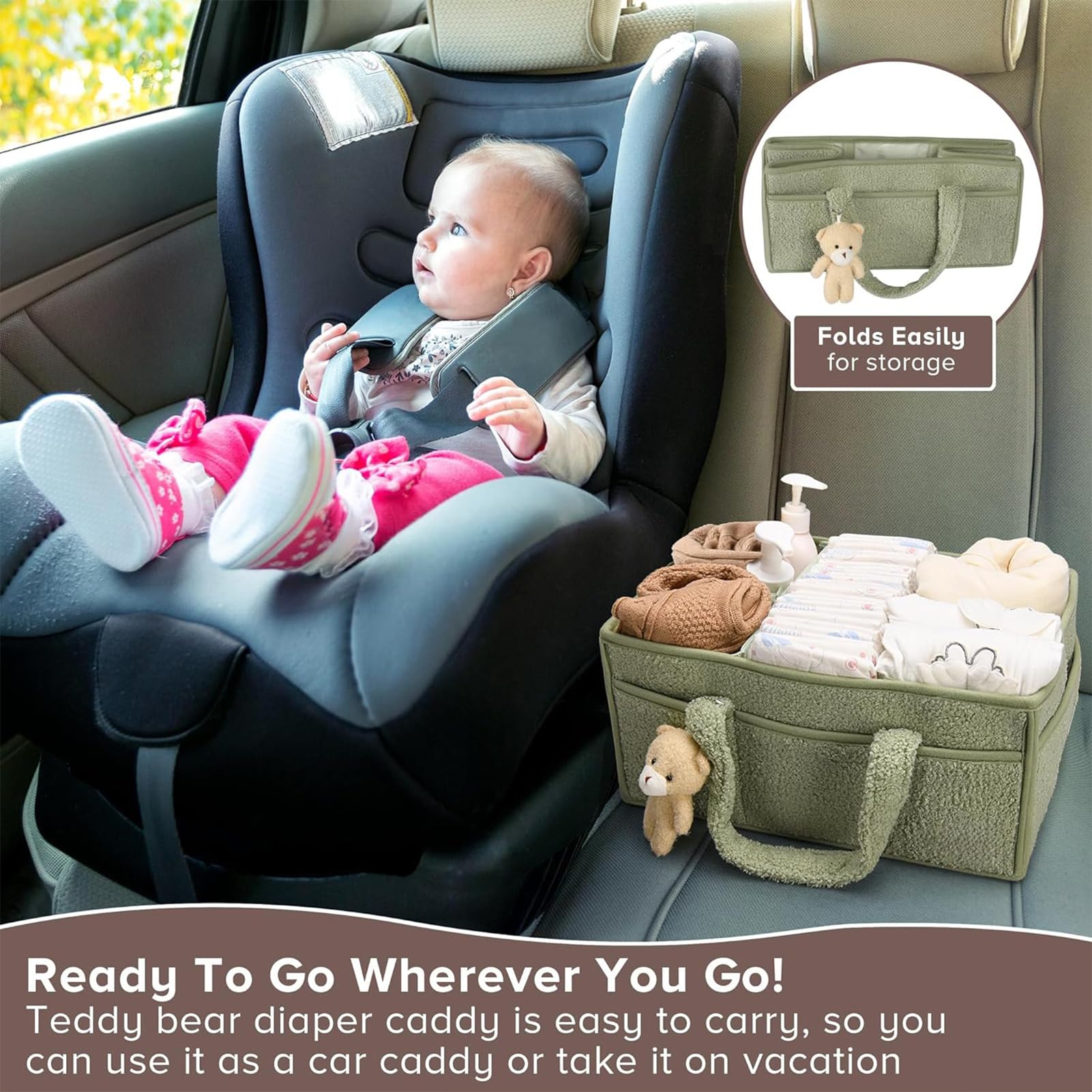 Panier Rangement Bébé, Panier De Rangement Bebe à Langer Portable, Organisateur Table a Langer Bebe En Peluche Avec Compartiments Interchangeables, Pour Lingettes Humides Et Articles Pour Bébé (Vert)