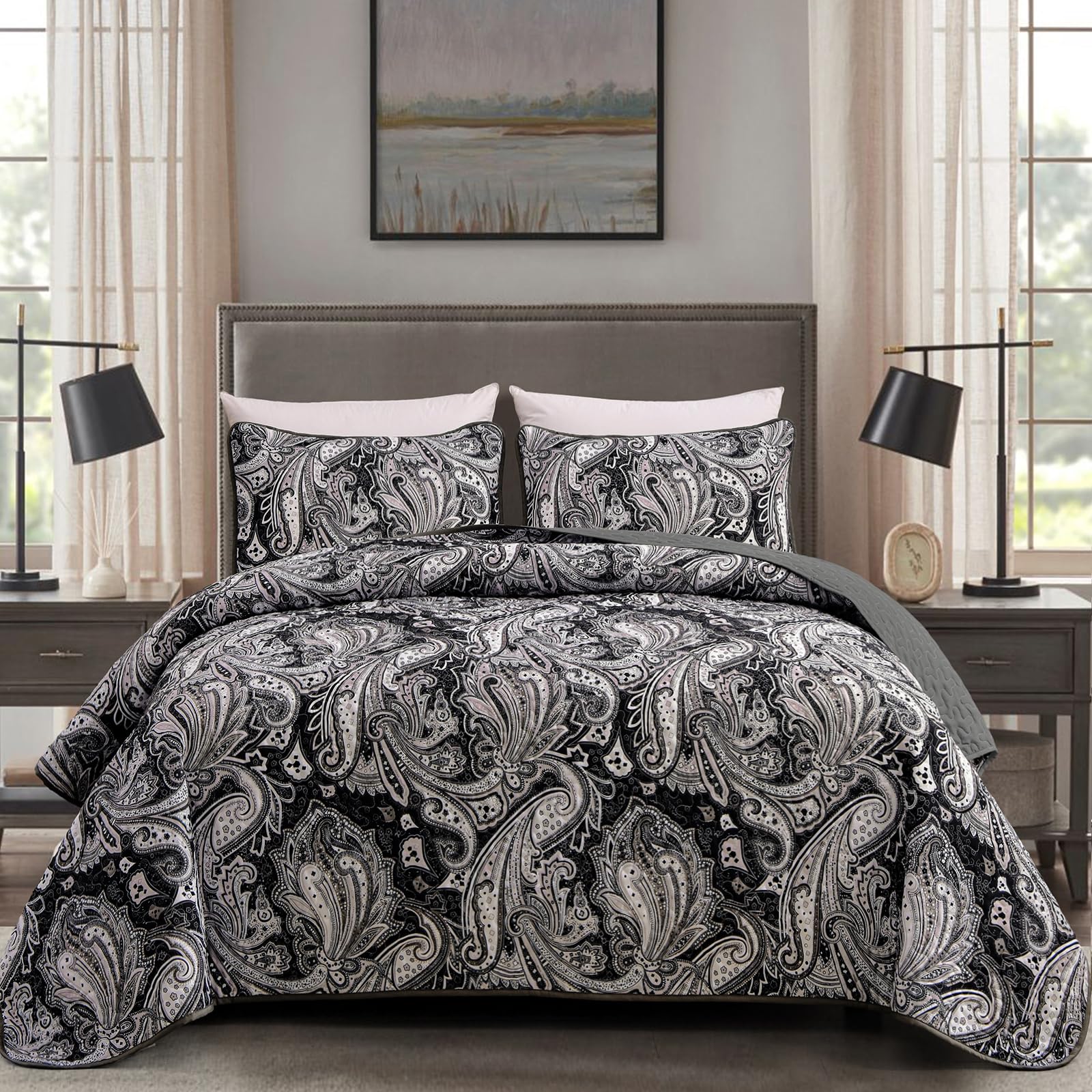 DJYDJY Black Paisley Quilt Set King Size Boho Bedspread Coverlet Set 3 Pieces, Soft Lightweight Black and Gray Paisley Floral Pattern Bedding for All Season, 104''x90''