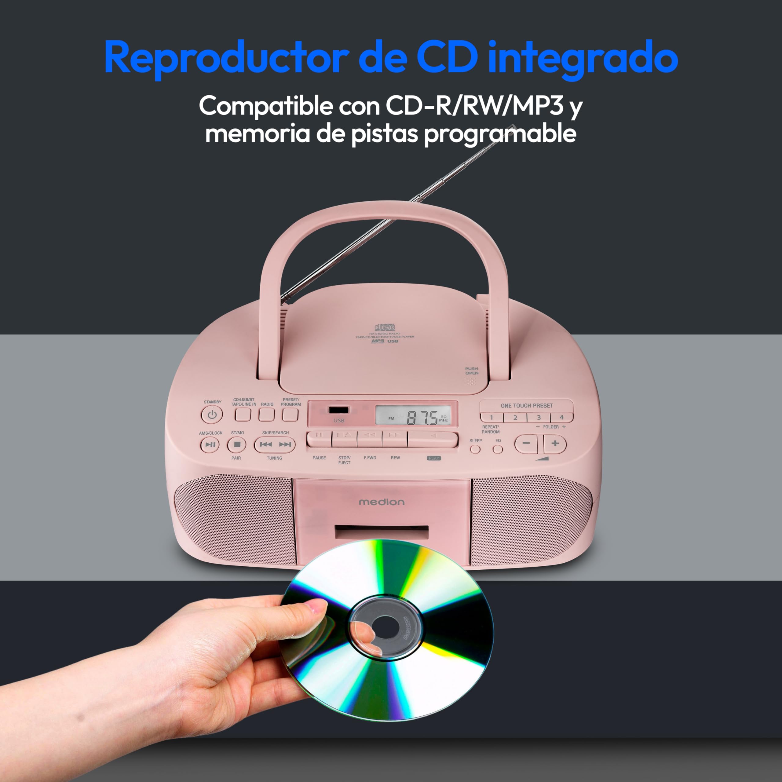 MEDION E65010 Radio estéreo (Reproductor de CD, Casete, conexión USB, Entrada de Audio AUX, reproducción MP3. Radio FM PLL, Memoria para 40 emisoras, Funcionamiento con Pilas, Mando a Distancia) Rosa