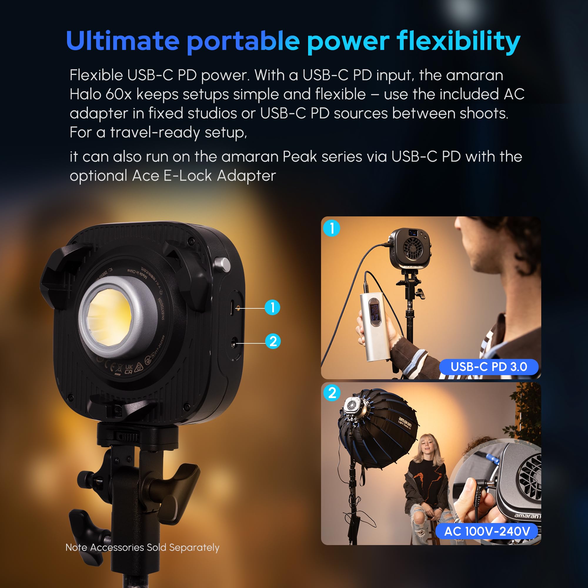 Amaran Halo 60x COB LED Video Licht 60W Bi-Color 2700k-6500k, 3.270 Lux@ 1m (Nackt),Ultra-kompaktes Reiselicht, USB-C PD Stromversorgung, App/NFC-Steuerung, Bowens-Mount für YouTube TikTok Studio