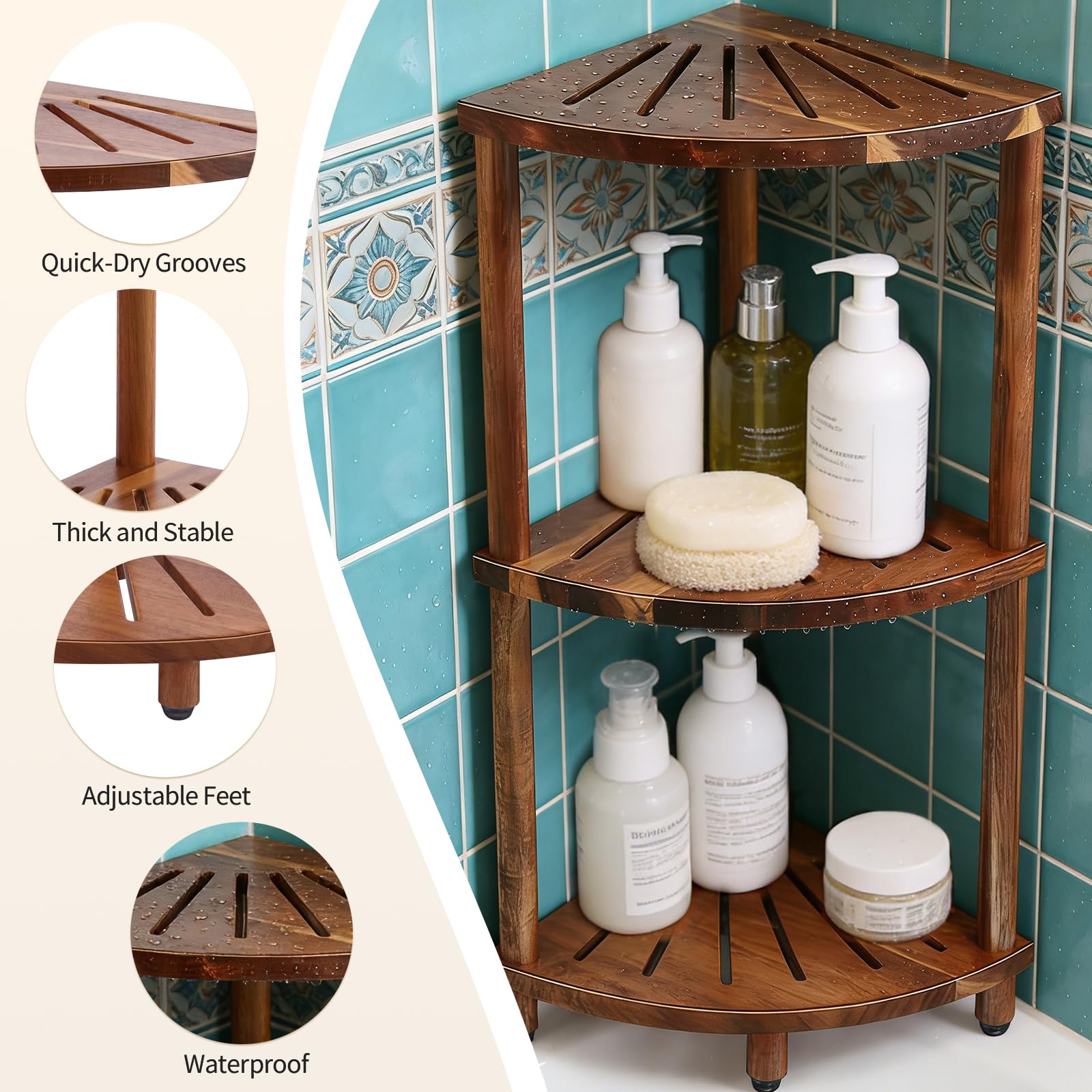 Corner Shower Caddy - Acacia Wood Shelf -7