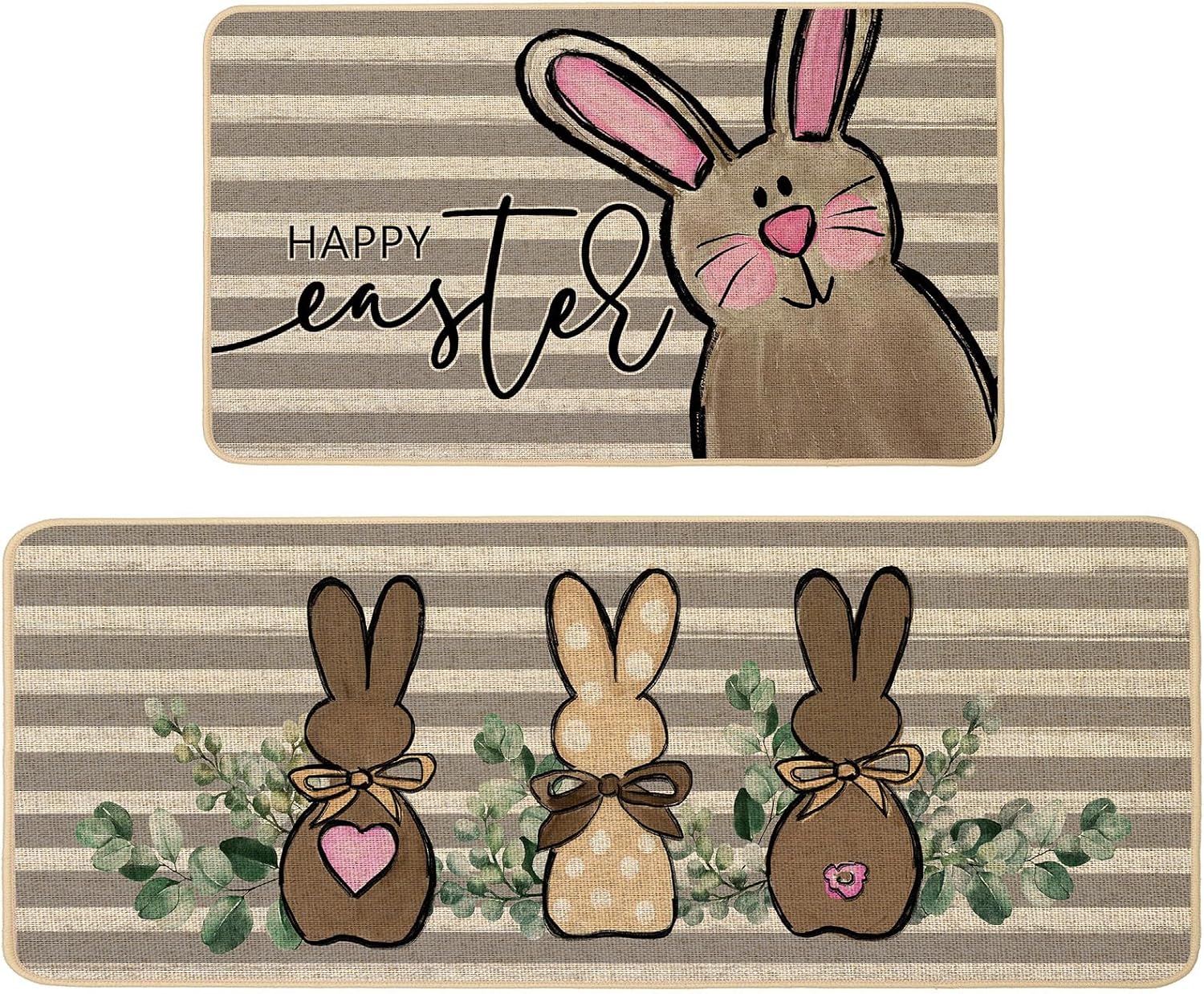 Baccessor Happy Easter Bunny Kitchen Rugs Set of 2,Funny Rabbit Eucalyptus Leaf Kitchen Mats Low-Profile Non-Slip Absorbent Floor Mat 17x29 and 17x47 Inch Home Seasonal Holiday Decoration