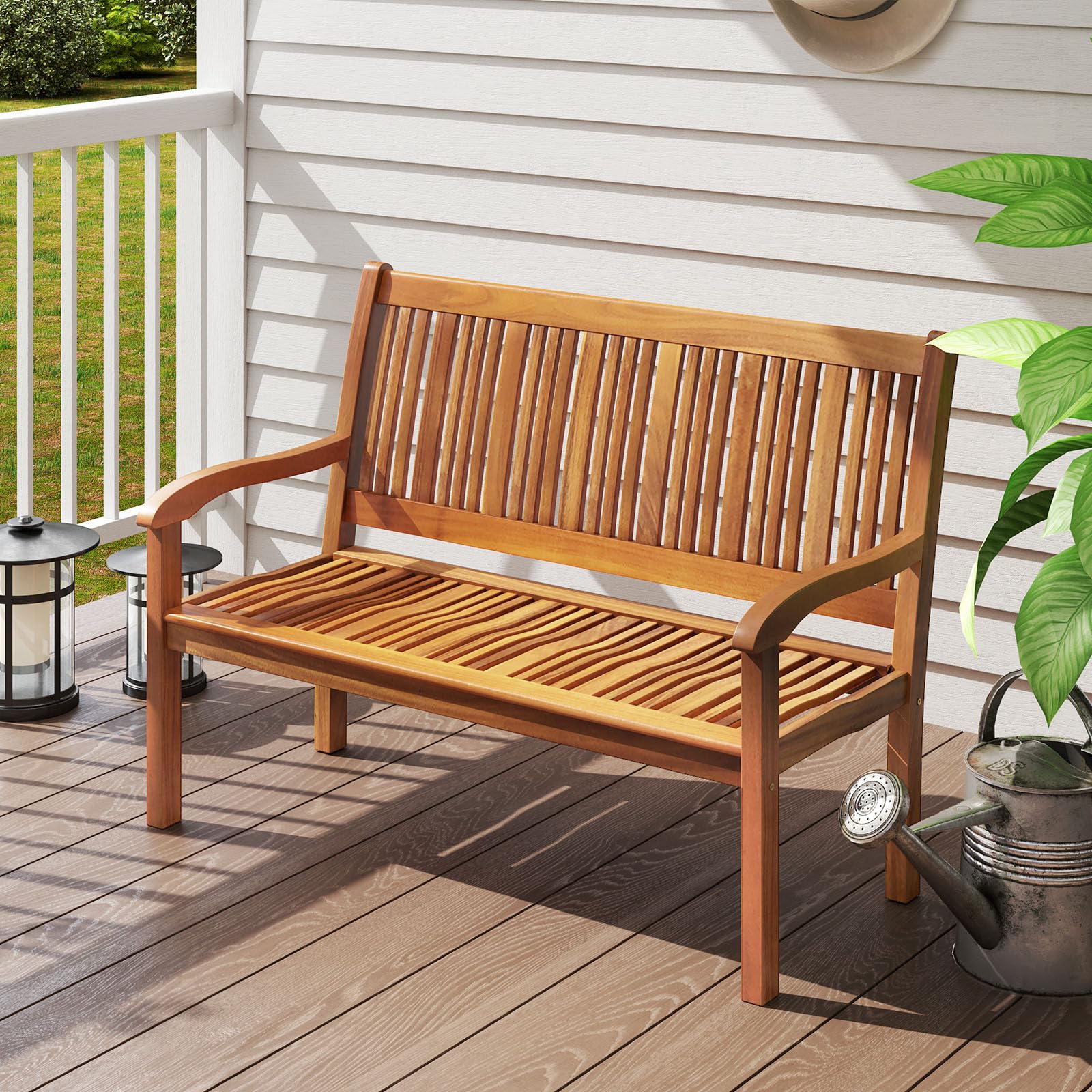 COSTWAY Banc de Jardin, Bois d’Acacia, 126 x 63 x 91 cm, Charge 322kg, 2 Personnes, Dossier Incliné, Accoudoir Incurvé, Banc Exterieur Jardin pour Terrasse Porche Cour