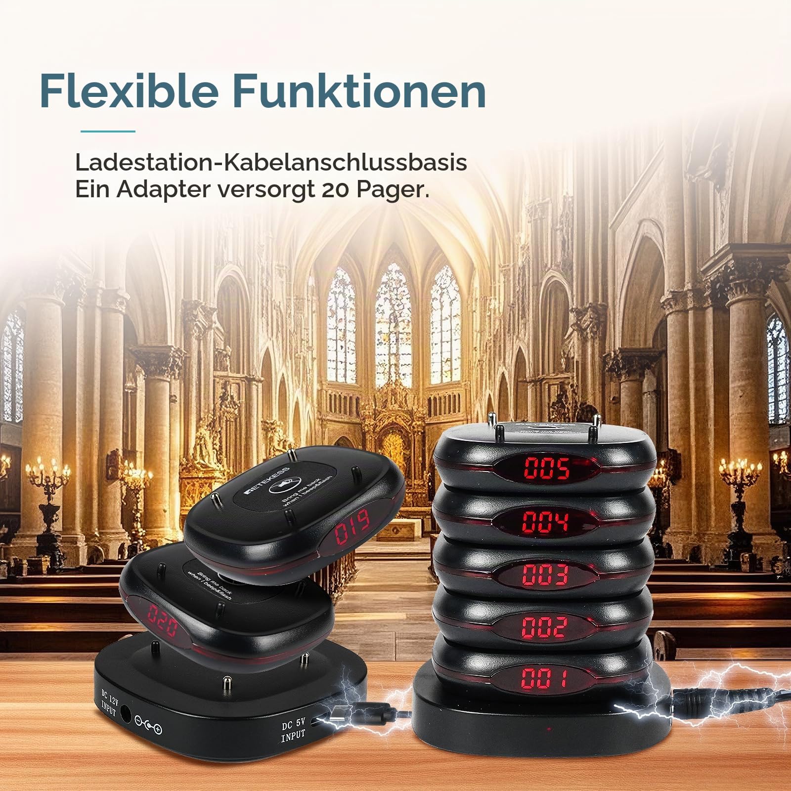 Retekess TD161 Pager Rufsystem, Restaurant Pager, 20 Pagers | für Café, Bar, Klinik, Draußen 500M, 300 mAh 20H, Plug-and-Play, 7 Anrufmodi, mit Stummschalttaste, Magnetisches Laden