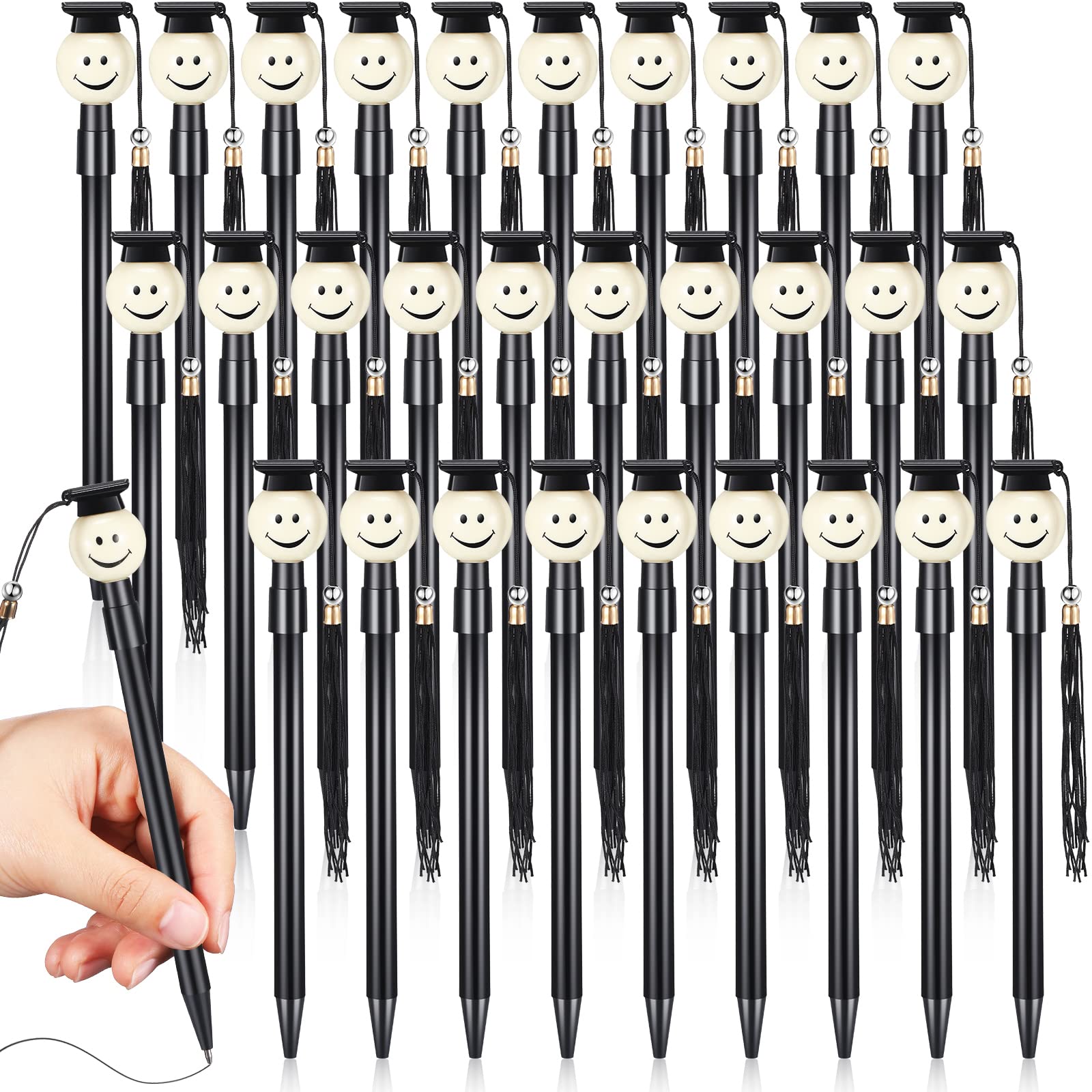 Pajean 30 Pieces 2026 Graduation Cap Ballpoint Pen with Tassels Happy Face Round Shaped Rollerball Pen 0.7 mm Black Gel Ink Lovely Present for