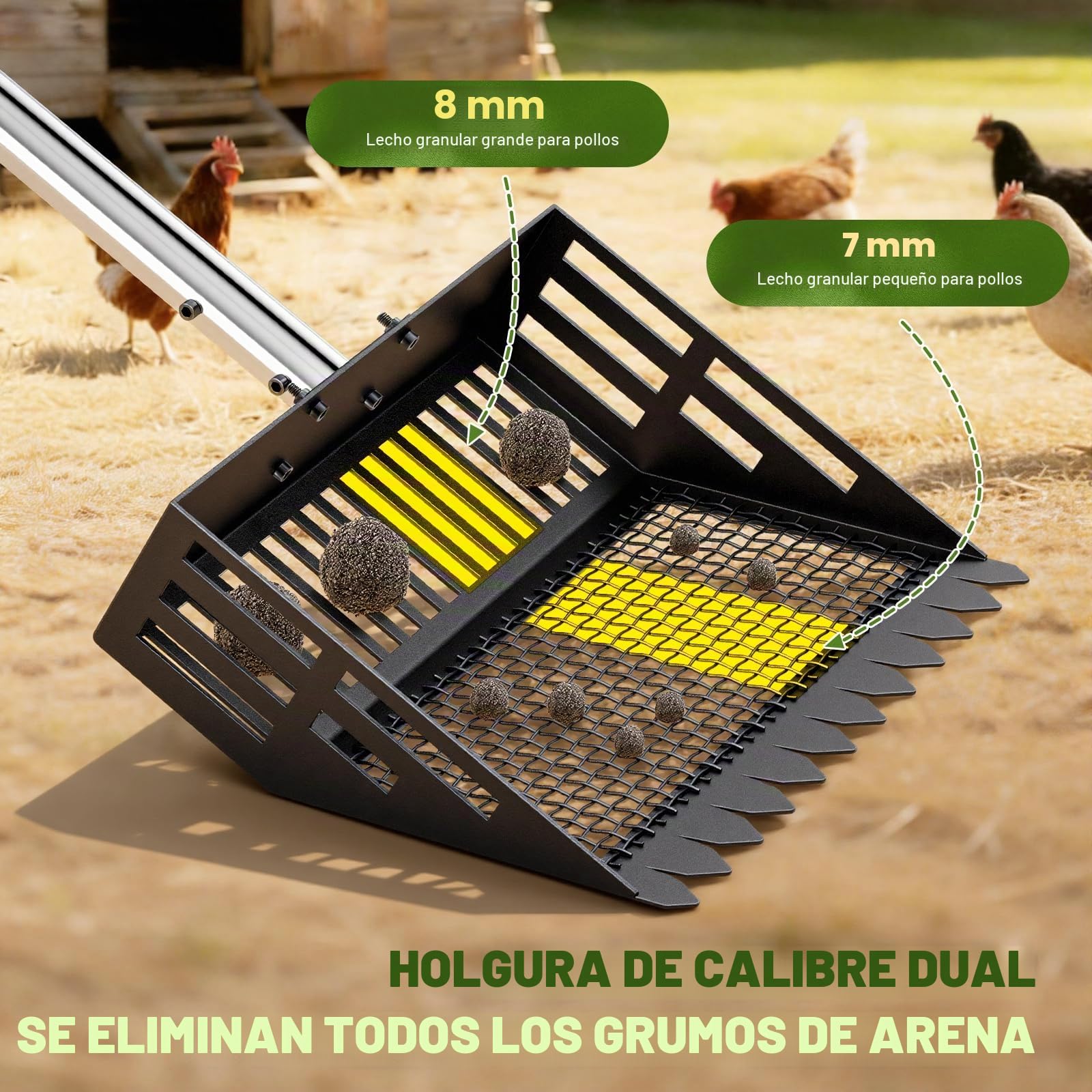 Recogedor de Excrementos de Pollo de 25 cm de Ancho, Recogedor para Gallinero 4 en 1, Recogedor Eesmontable para Cribar Excrementos, con Mango de 60-160 cm de Largo para Gallinero, Establo