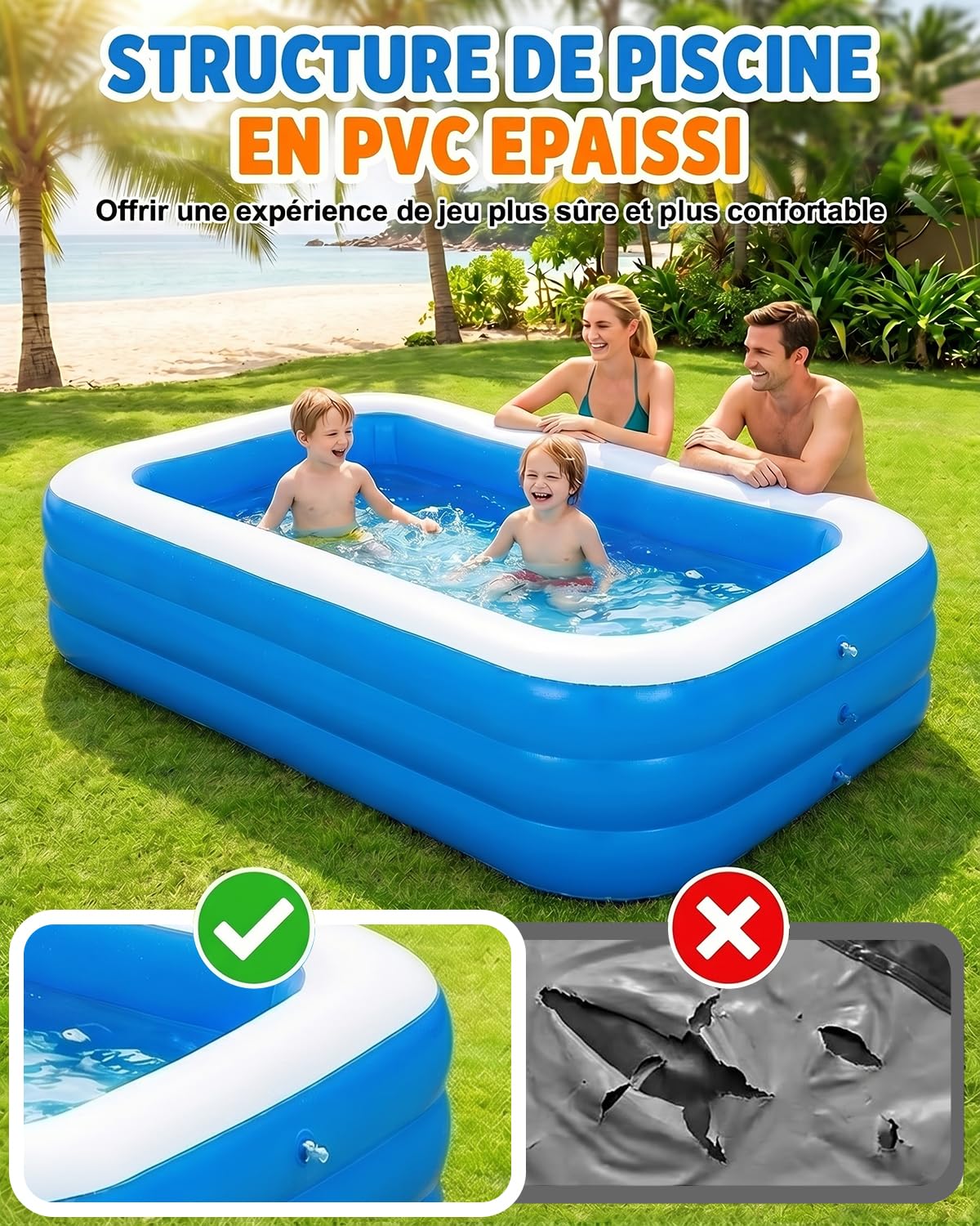 Piscine Gonflable Rectangulaire pour Enfants, 210 × 135 × 60 cm, Mini Piscine Bébé et Piscinette de Jardin, 3 Chambres à Air Renforcées – Idéale pour Terrasse, Jardin et Usage Extérieur
