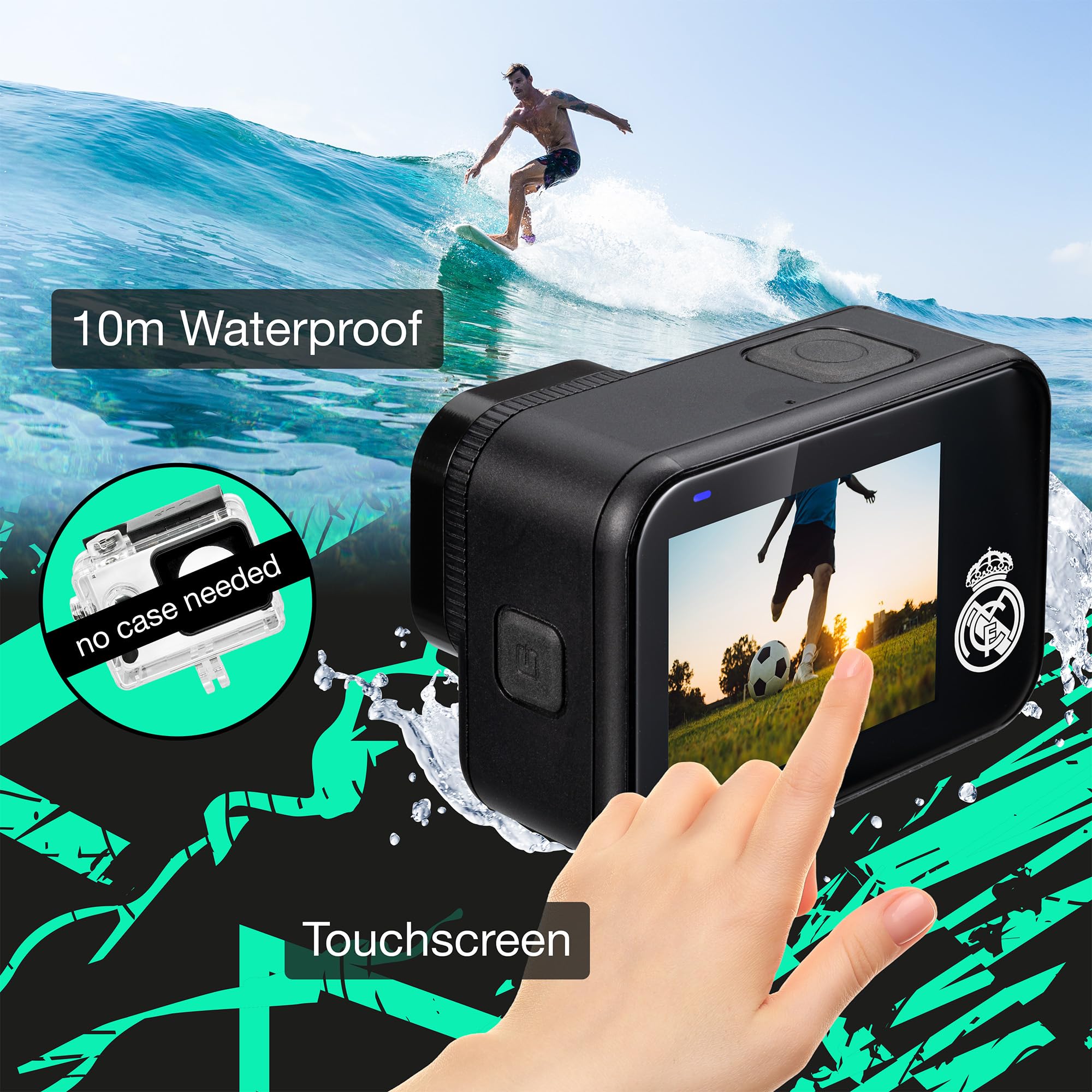 Bresser Real Madrid Kamera sportowa 4K, wodoodporna do 10 m, szeroki kąt 170°, ekran dotykowy 2", Wi-Fi, stabilizacja obrazu, microSD do 256 GB, czarny